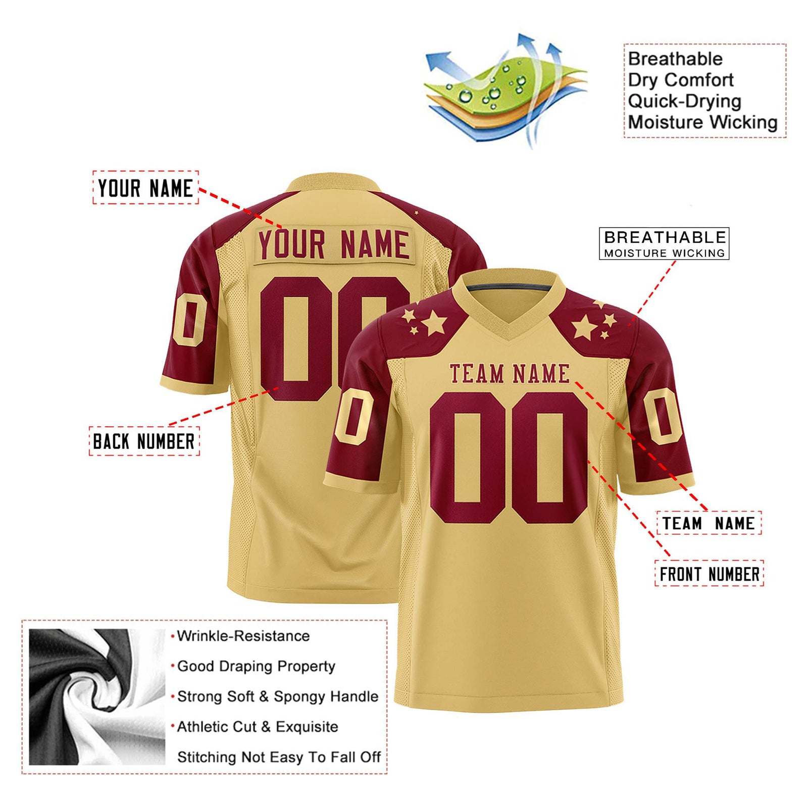 Custom Khaki Crimson Personalized Shoulder Star Pattern Authentic Football Jersey