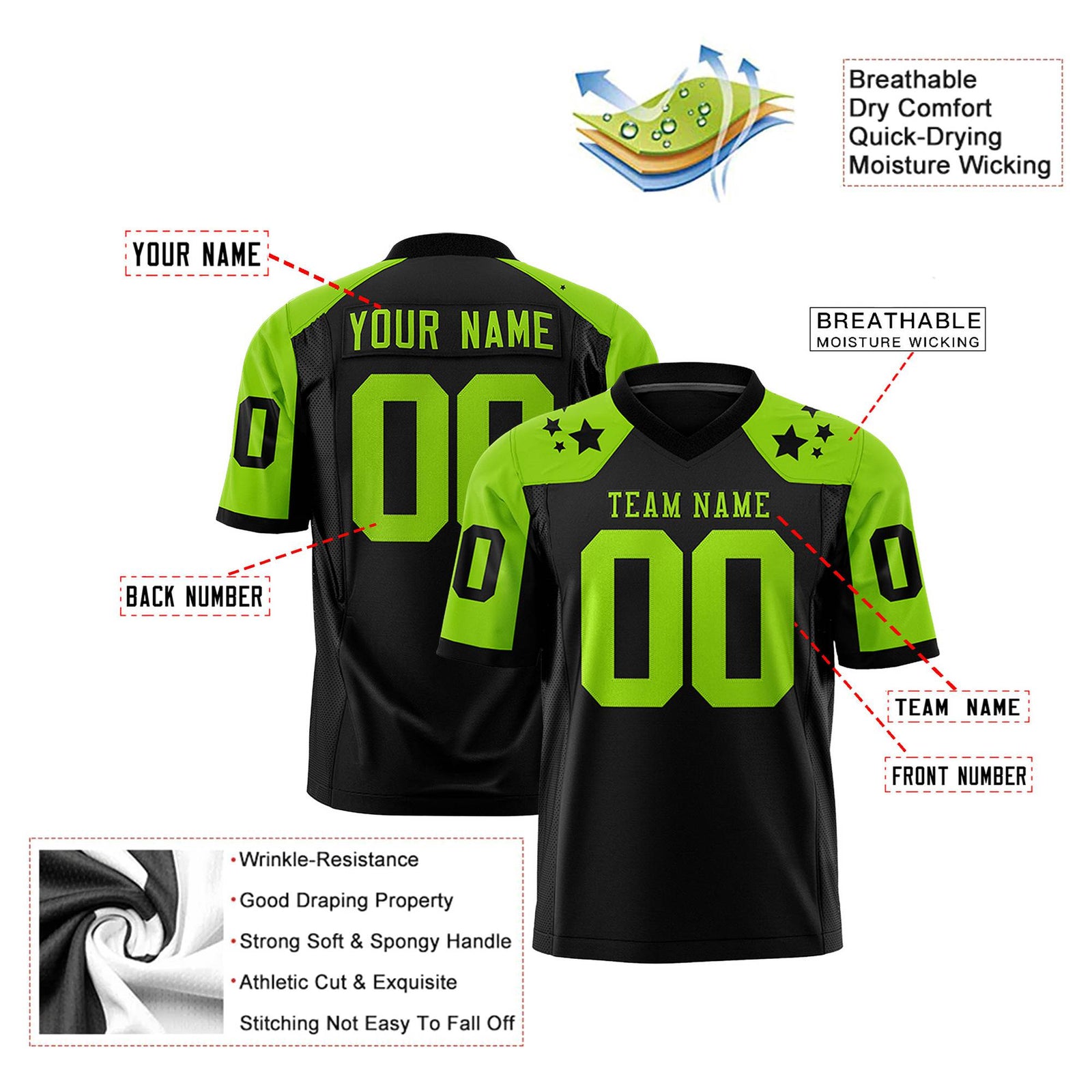 Custom Black Neon Green Personalized Shoulder Star Pattern Authentic Football Jersey