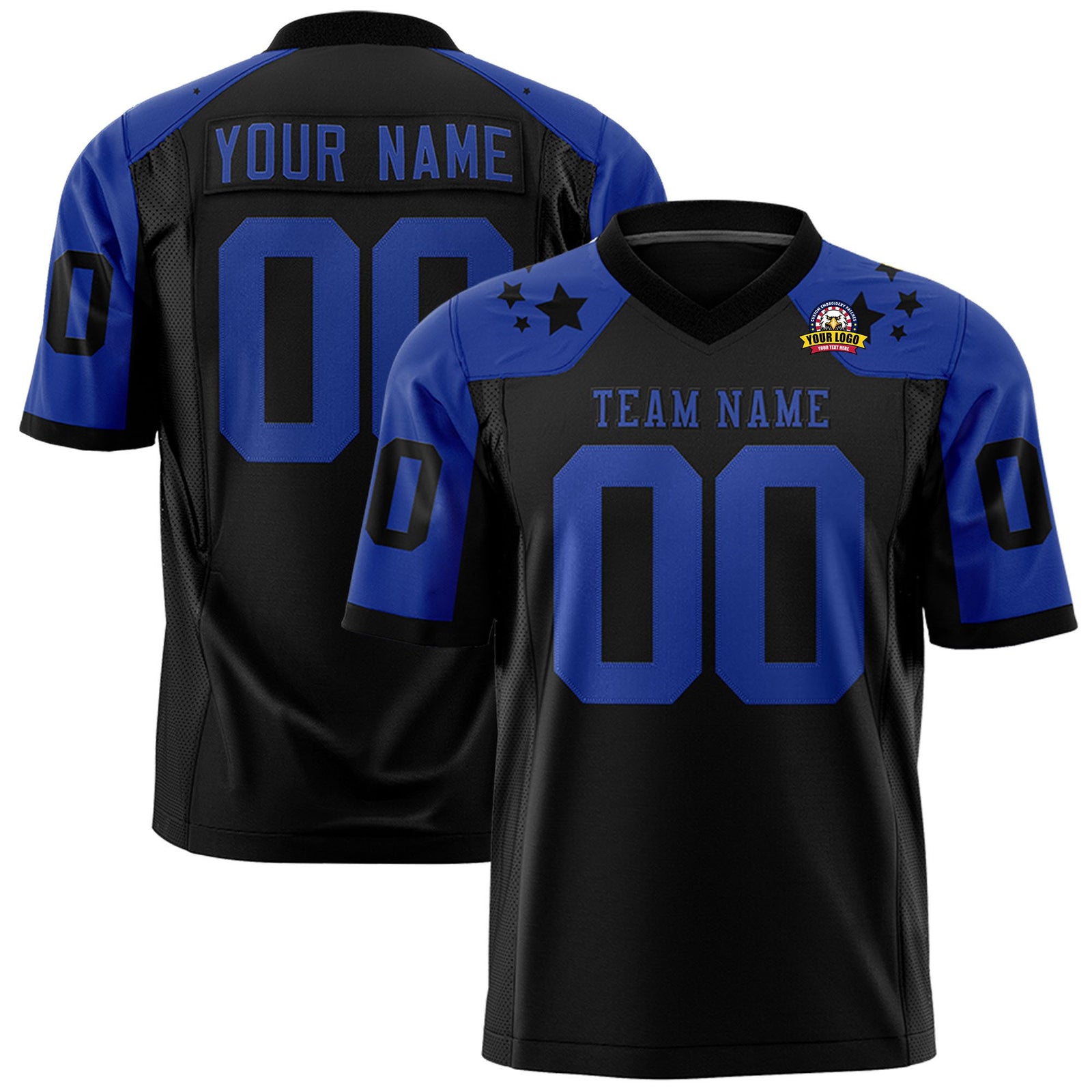 Custom Black Royal Blue Personalized Shoulder Star Pattern Authentic Football Jersey