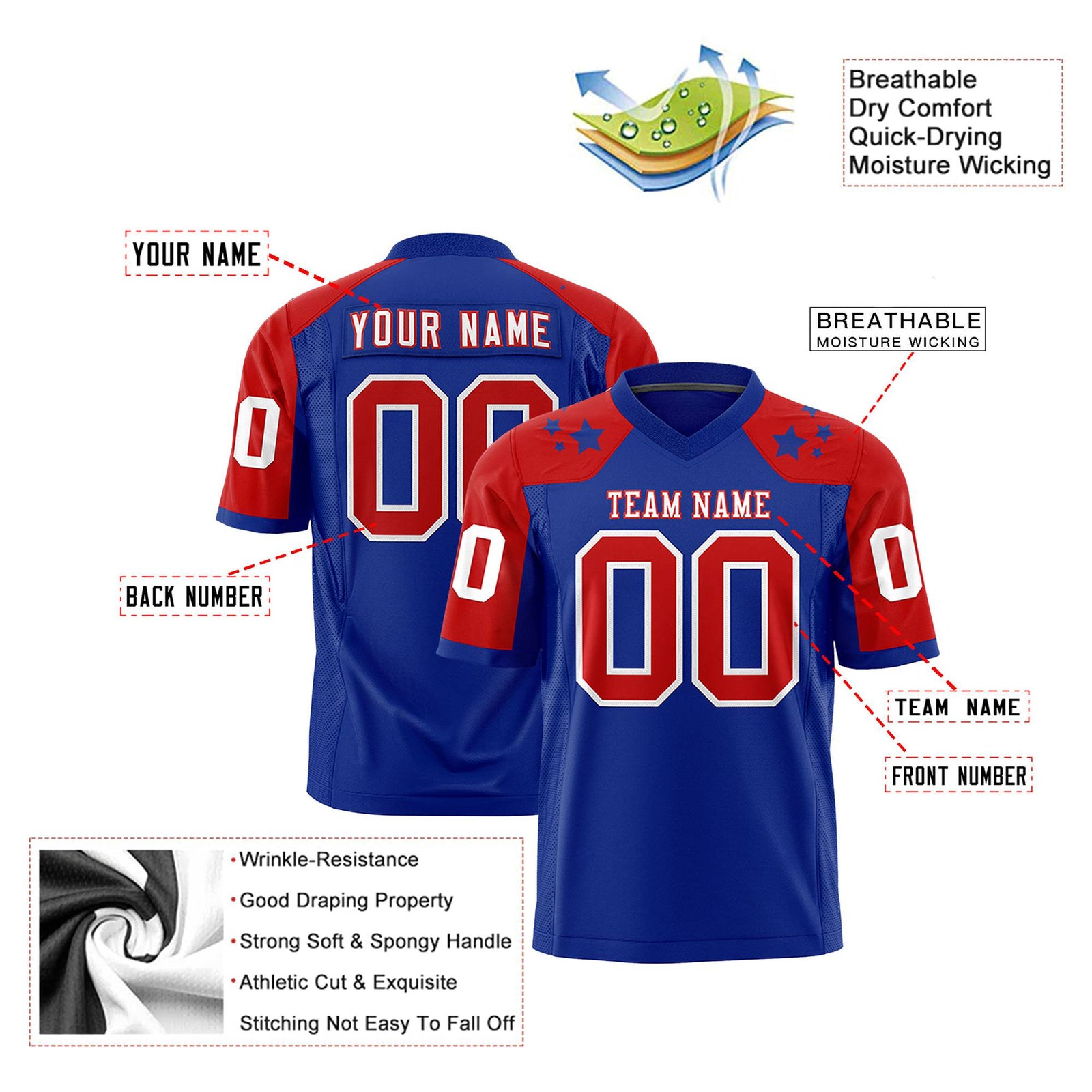 Custom Royal Blue Red Personalized Shoulder Star Pattern Authentic Football Jersey