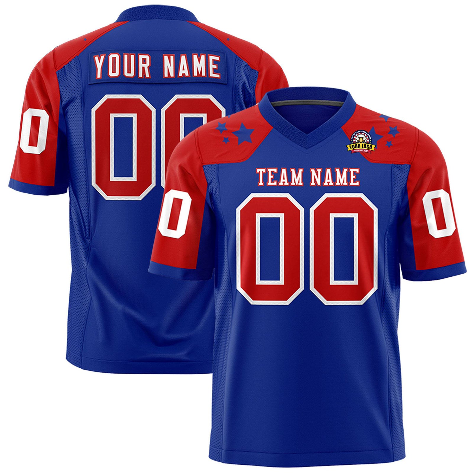 Custom Royal Blue Red Personalized Shoulder Star Pattern Authentic Football Jersey