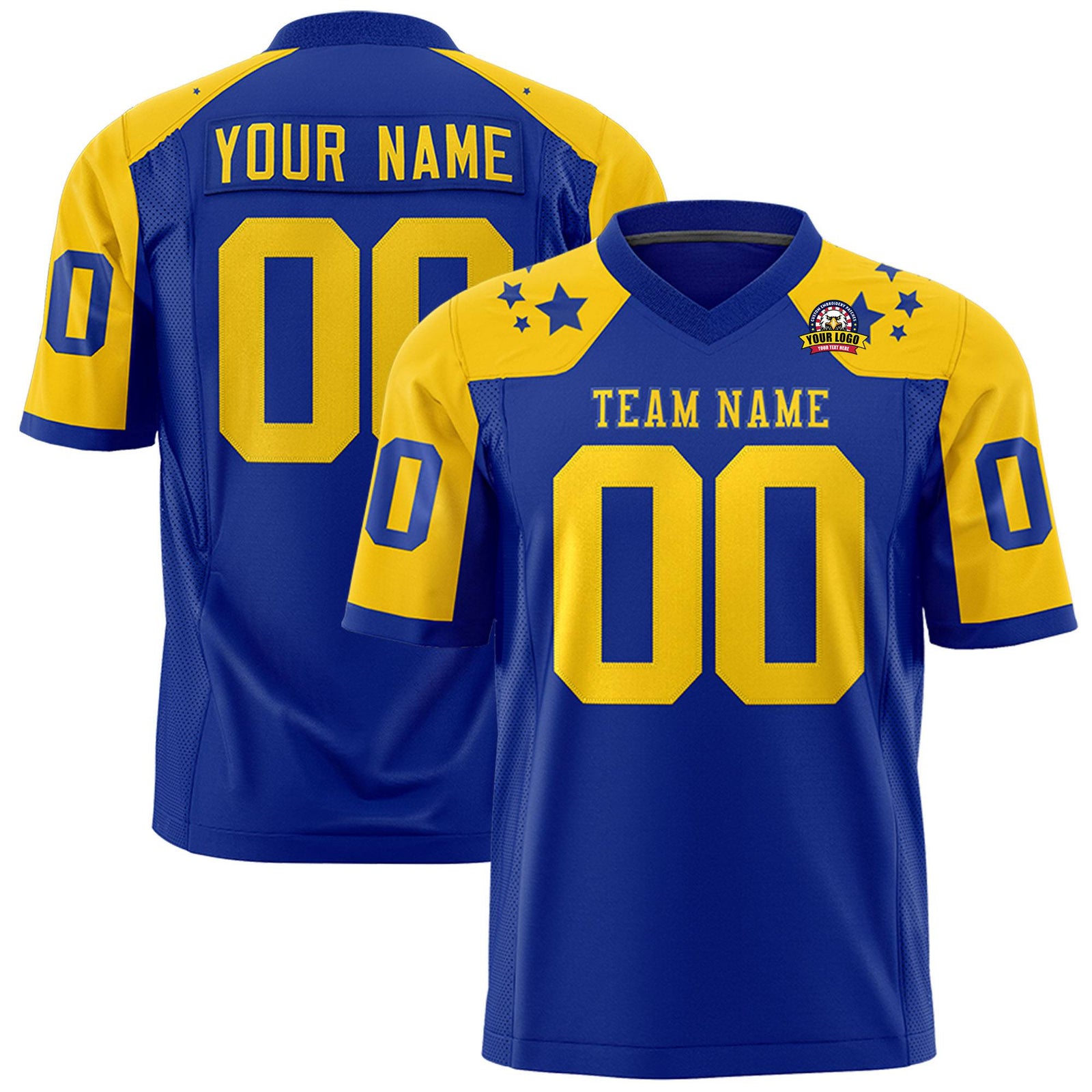 Custom Royal Blue Gold Personalized Shoulder Star Pattern Authentic Football Jersey