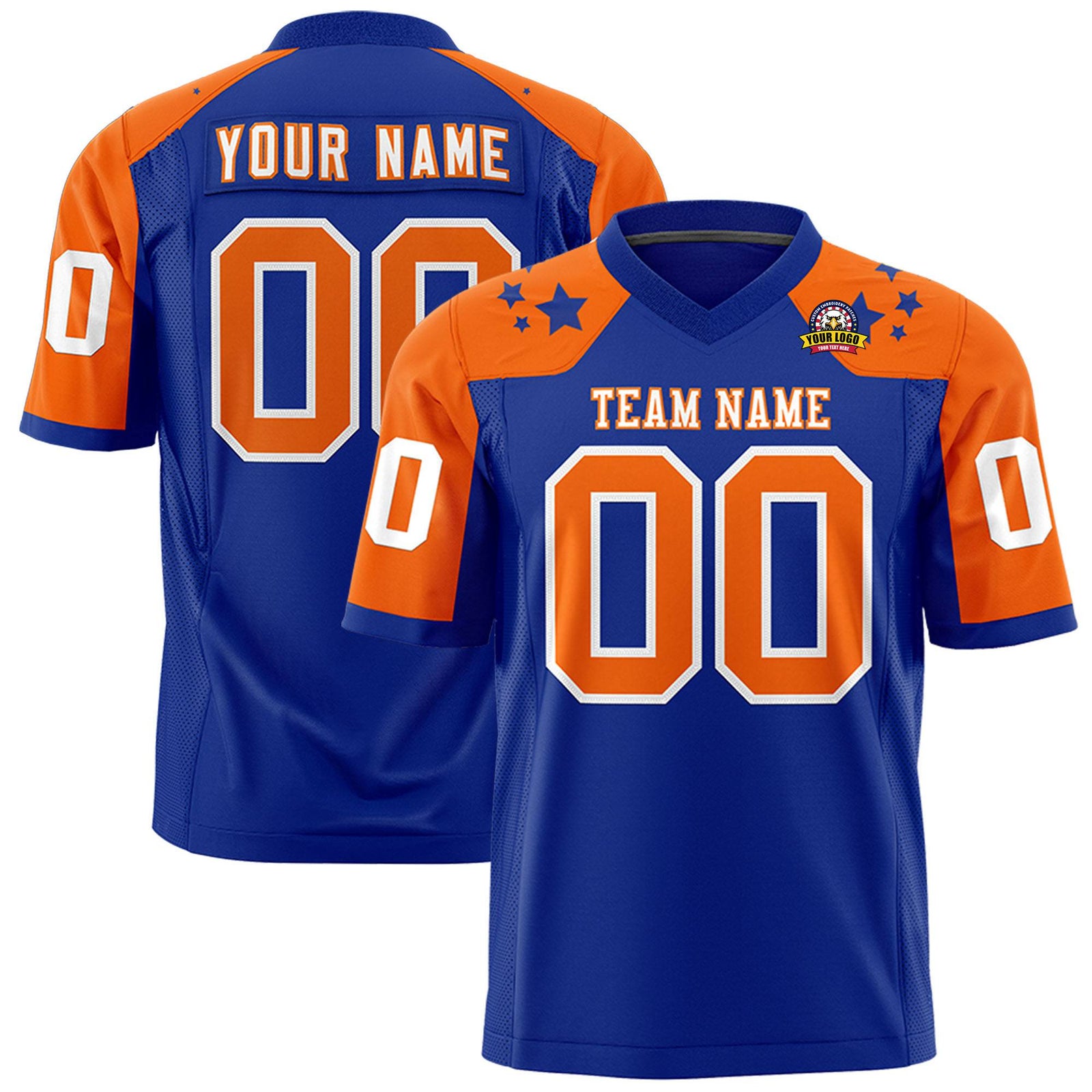 Custom Royal Blue Orange Personalized Shoulder Star Pattern Authentic Football Jersey