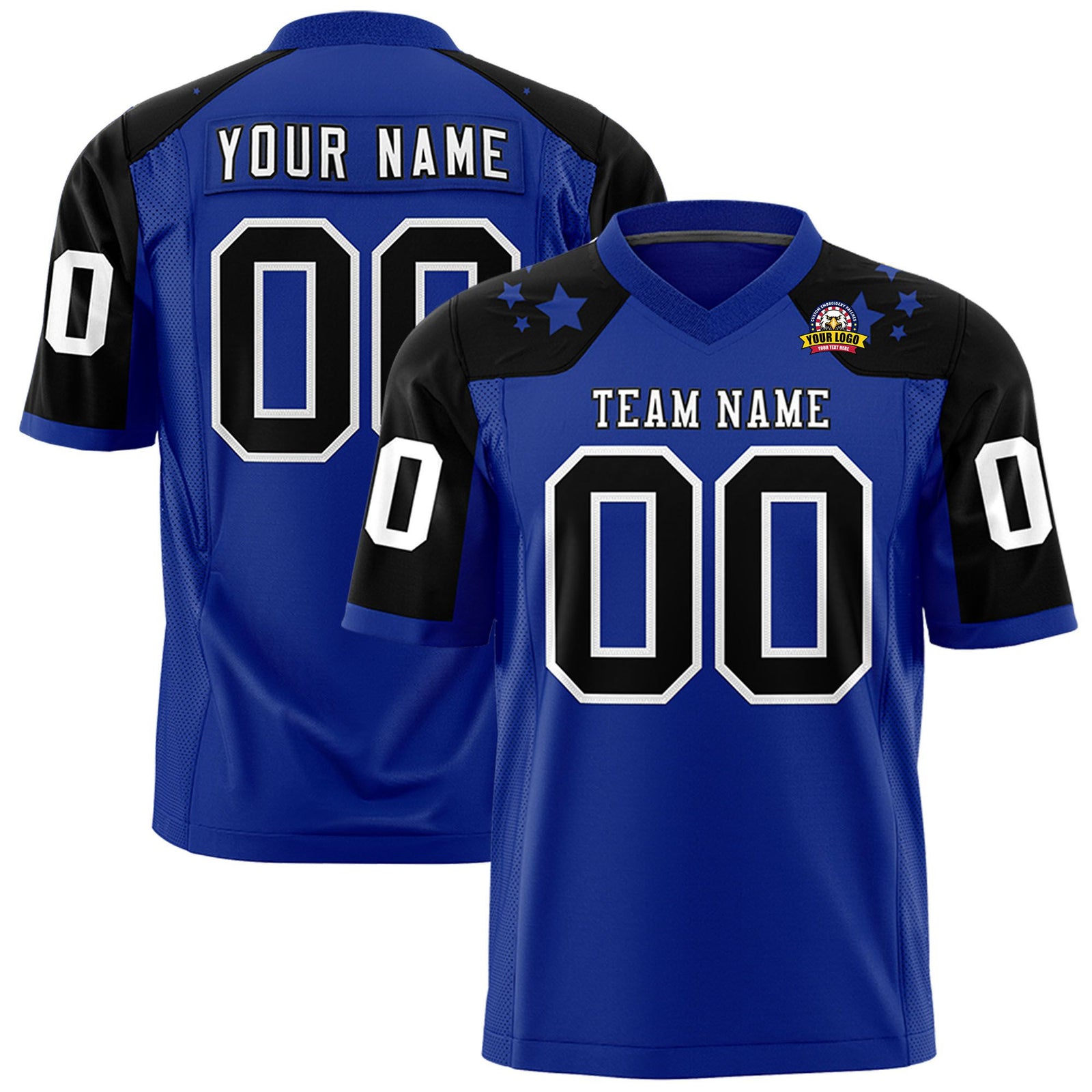 Custom Royal Blue Black Personalized Shoulder Star Pattern Authentic Football Jersey