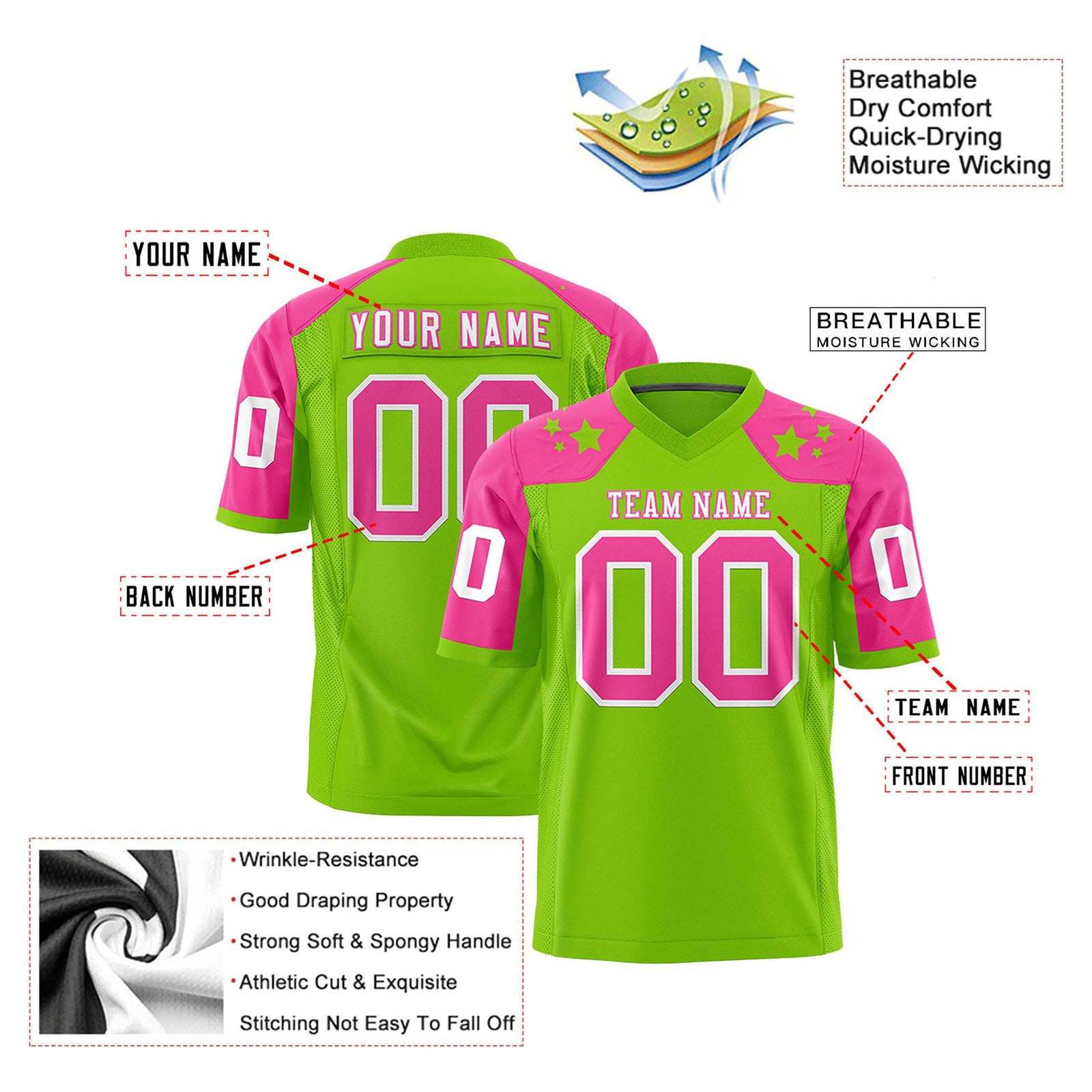 Custom Neon Green Pink Personalized Shoulder Star Pattern Authentic Football Jersey