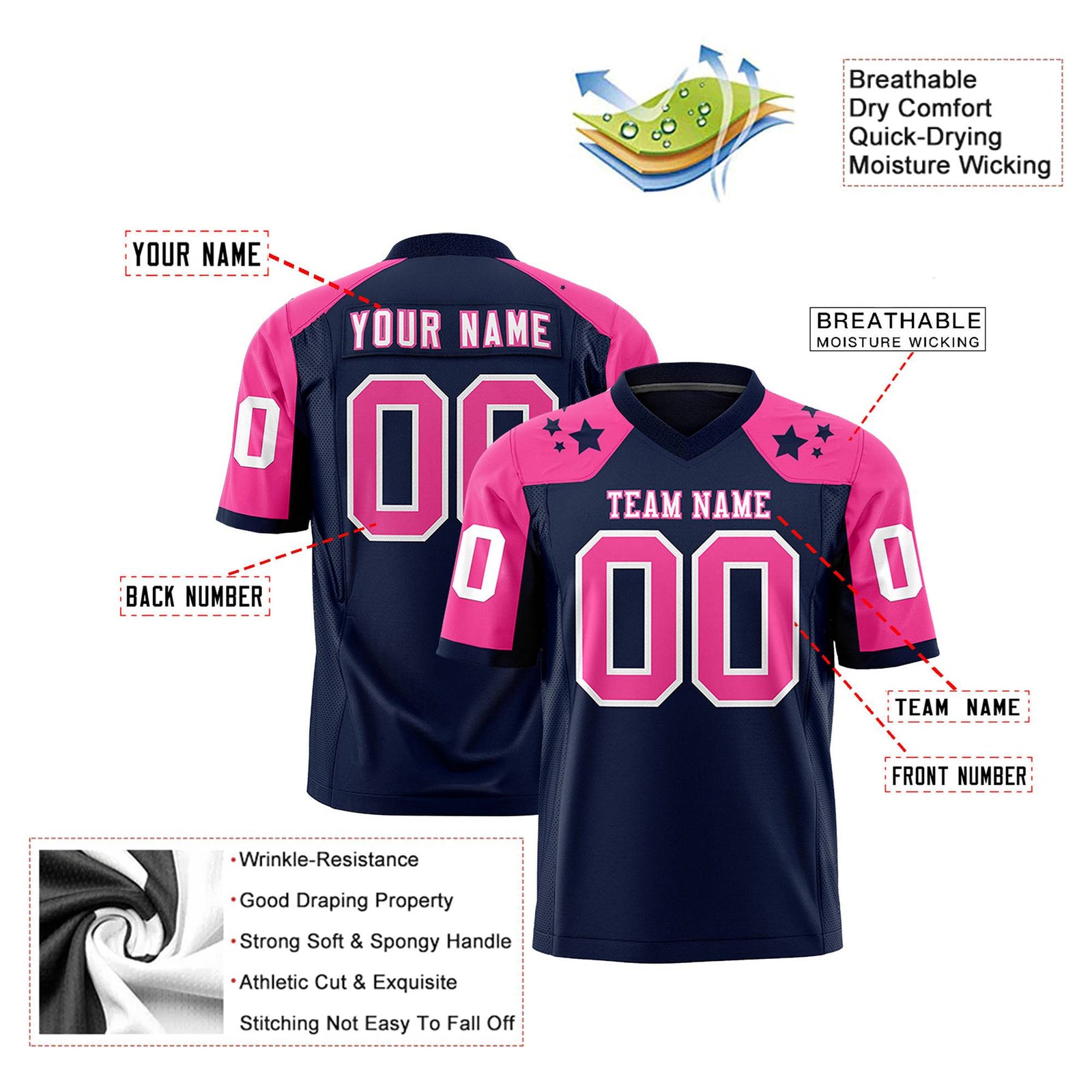 Custom Navy Pink Personalized Shoulder Star Pattern Authentic Football Jersey