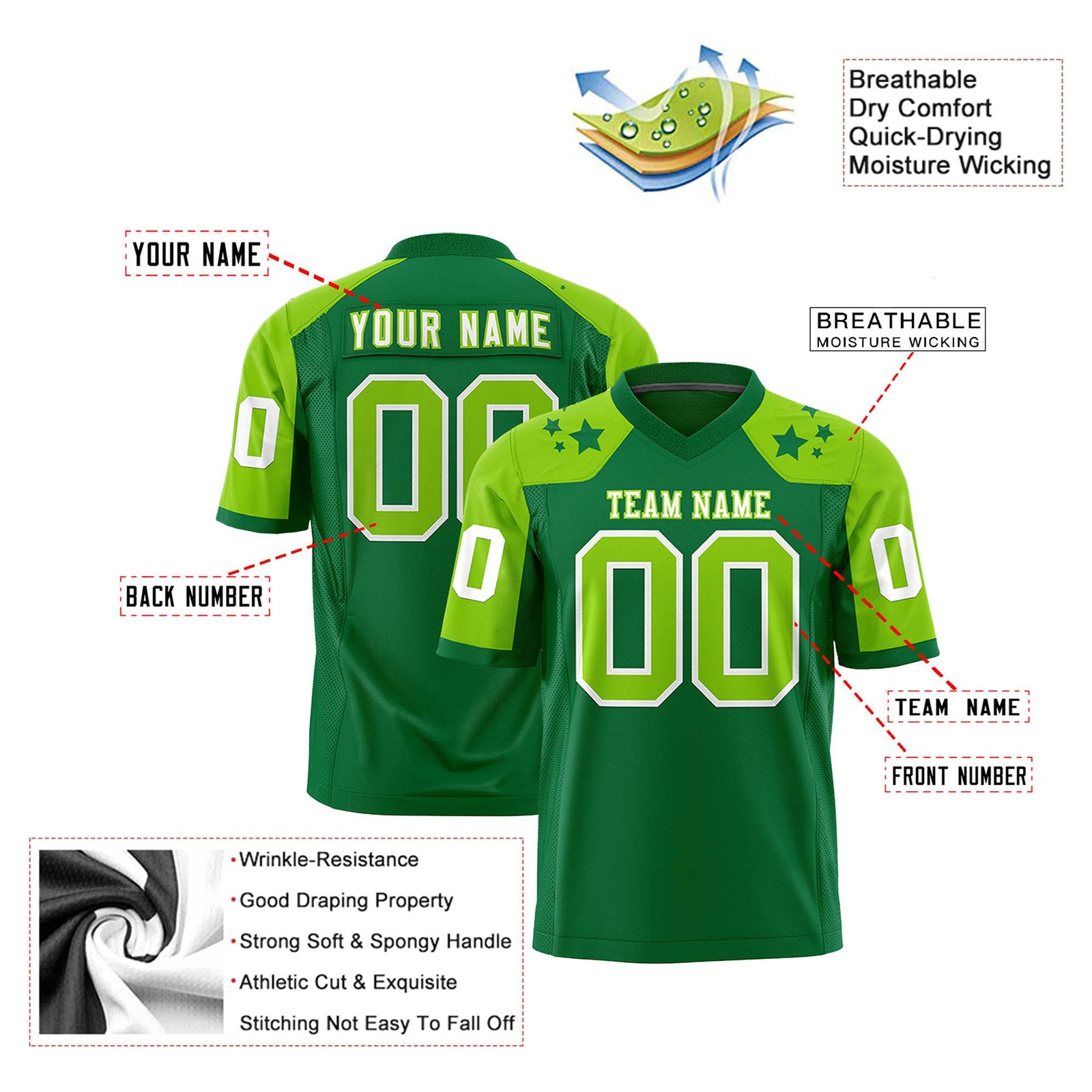 Custom Kelly Green Neon Green Personalized Shoulder Star Pattern Authentic Football Jersey