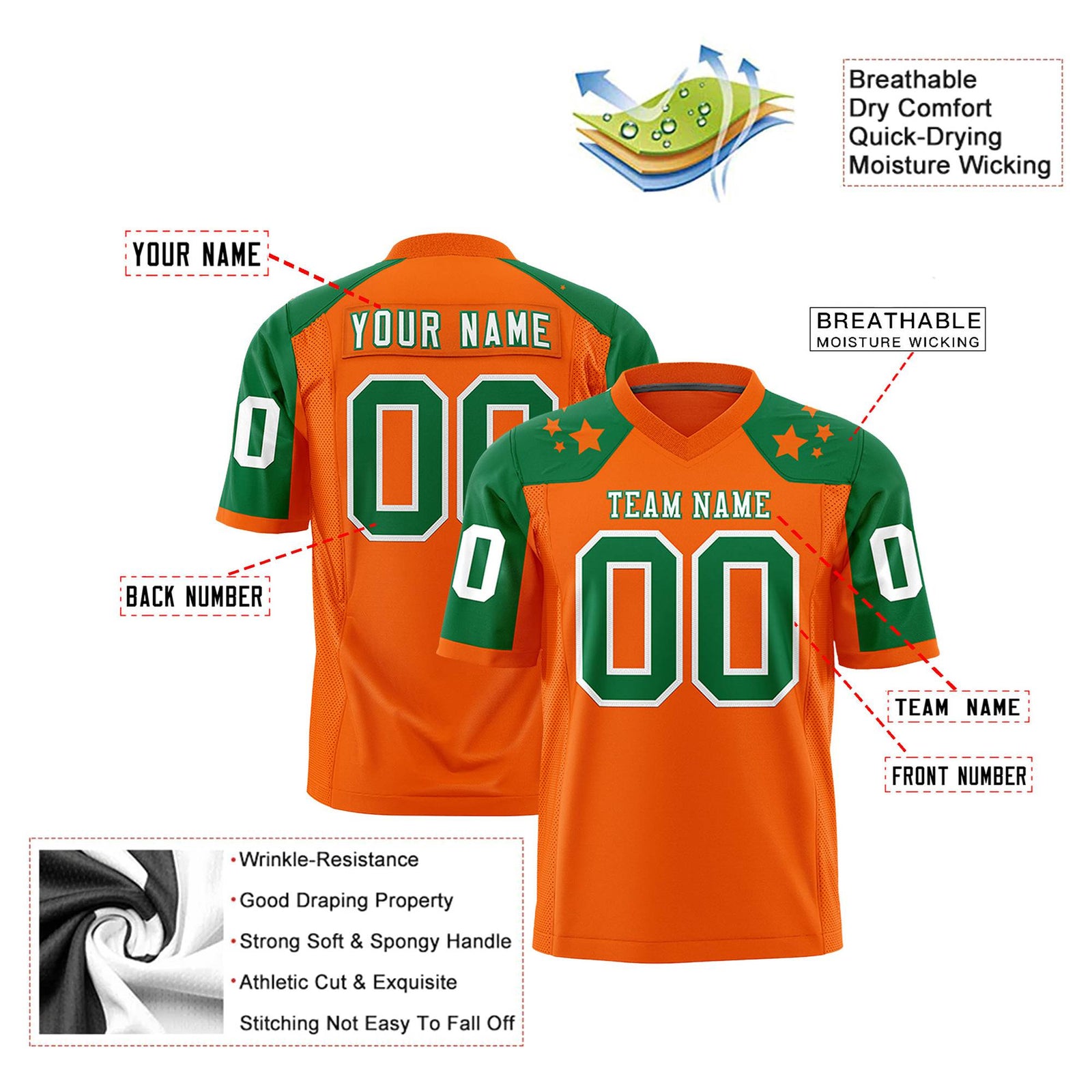 Custom Orange Kelly Green Personalized Shoulder Star Pattern Authentic Football Jersey