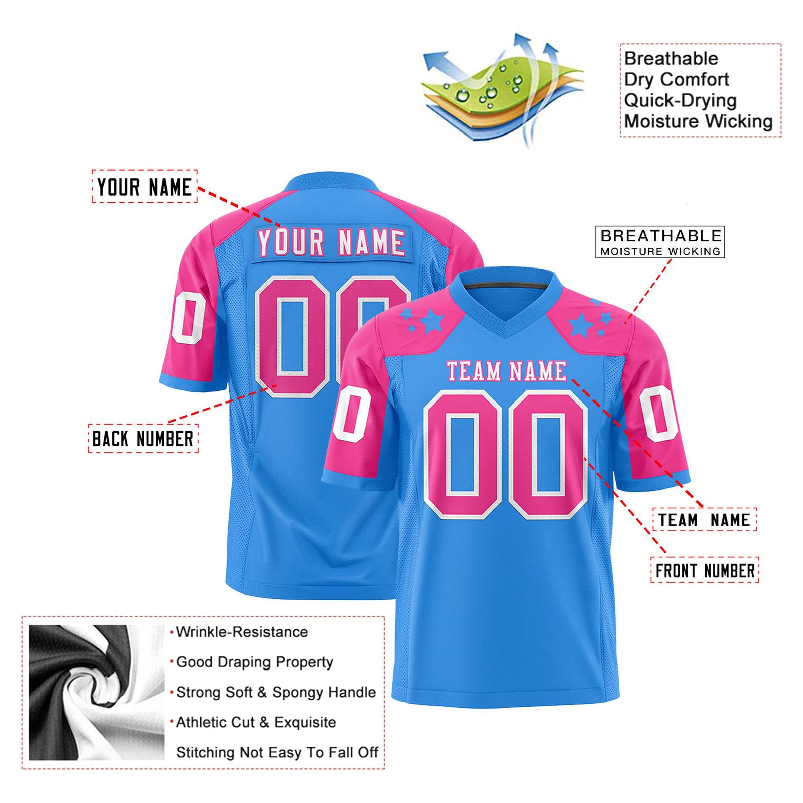 Custom Powder Blue Pink Personalized Shoulder Star Pattern Authentic Football Jersey