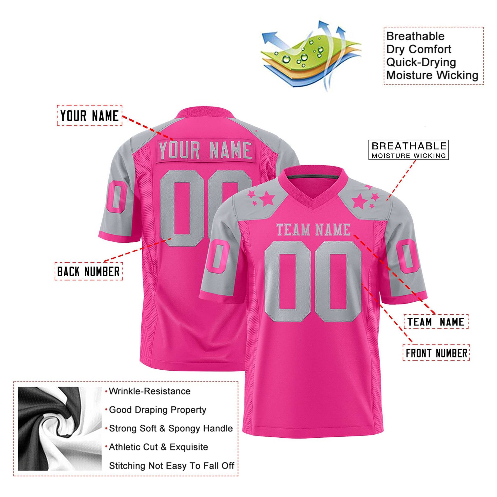 Custom Pink Gray Personalized Shoulder Star Pattern Authentic Football Jersey