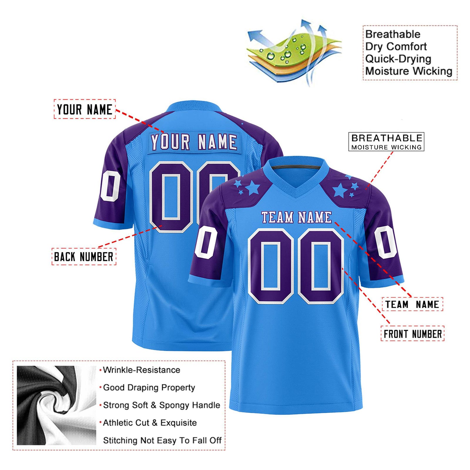 Custom Powder Blue Purple Personalized Shoulder Star Pattern Authentic Football Jersey