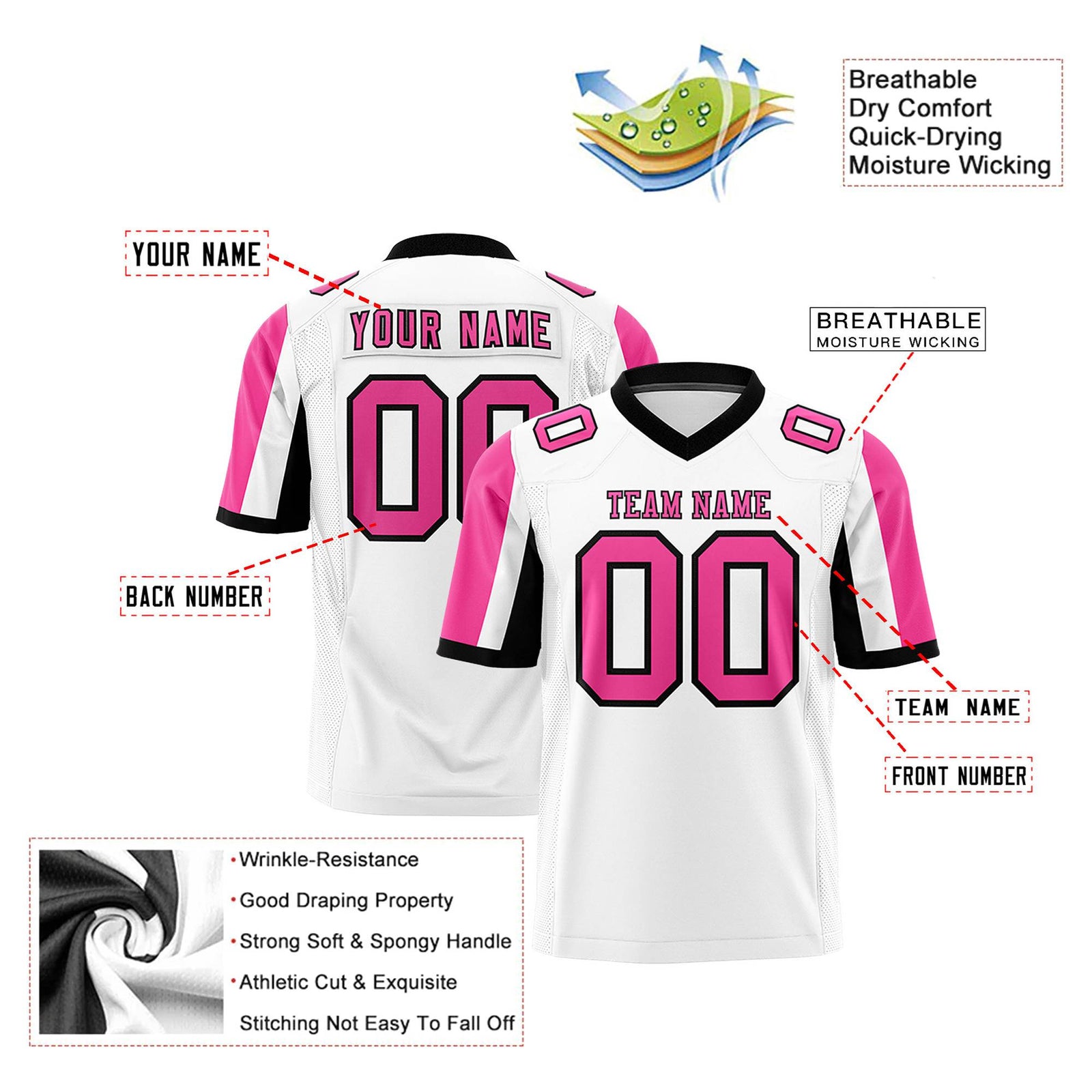 Custom White Pink-Black Color Block Personalized Raglan Sleeves Authentic Football Jersey