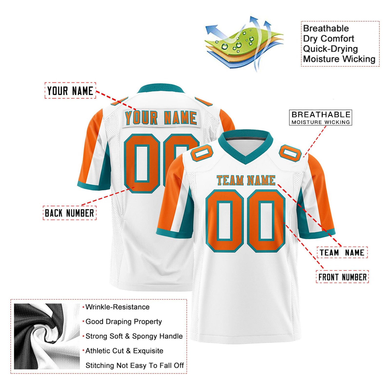 Custom White Orange-Aqua Color Block Personalized Raglan Sleeves Authentic Football Jersey