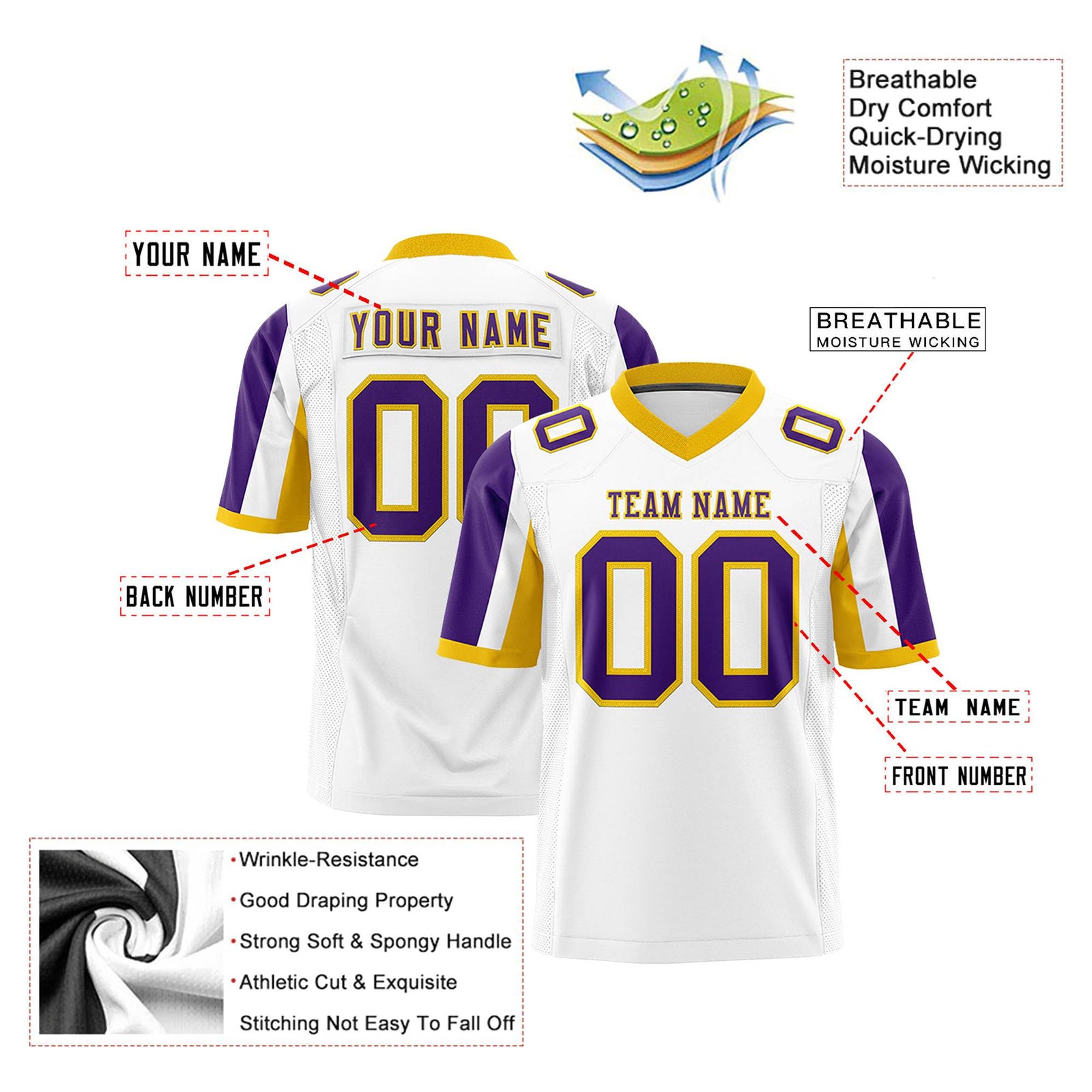 Custom White Purple-Gold Color Block Personalized Raglan Sleeves Authentic Football Jersey