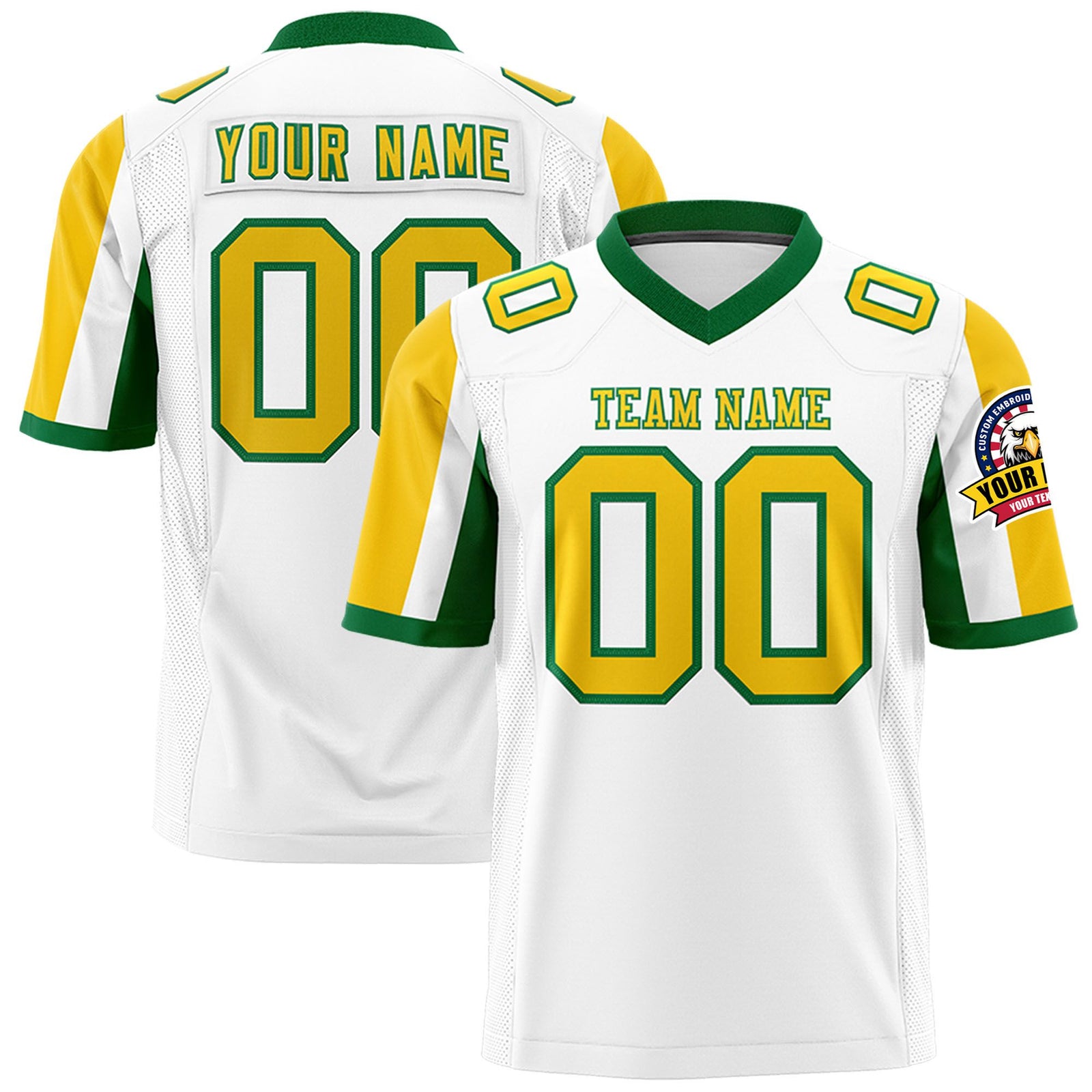 Custom White Gold-Green Color Block Personalized Raglan Sleeves Authentic Football Jersey