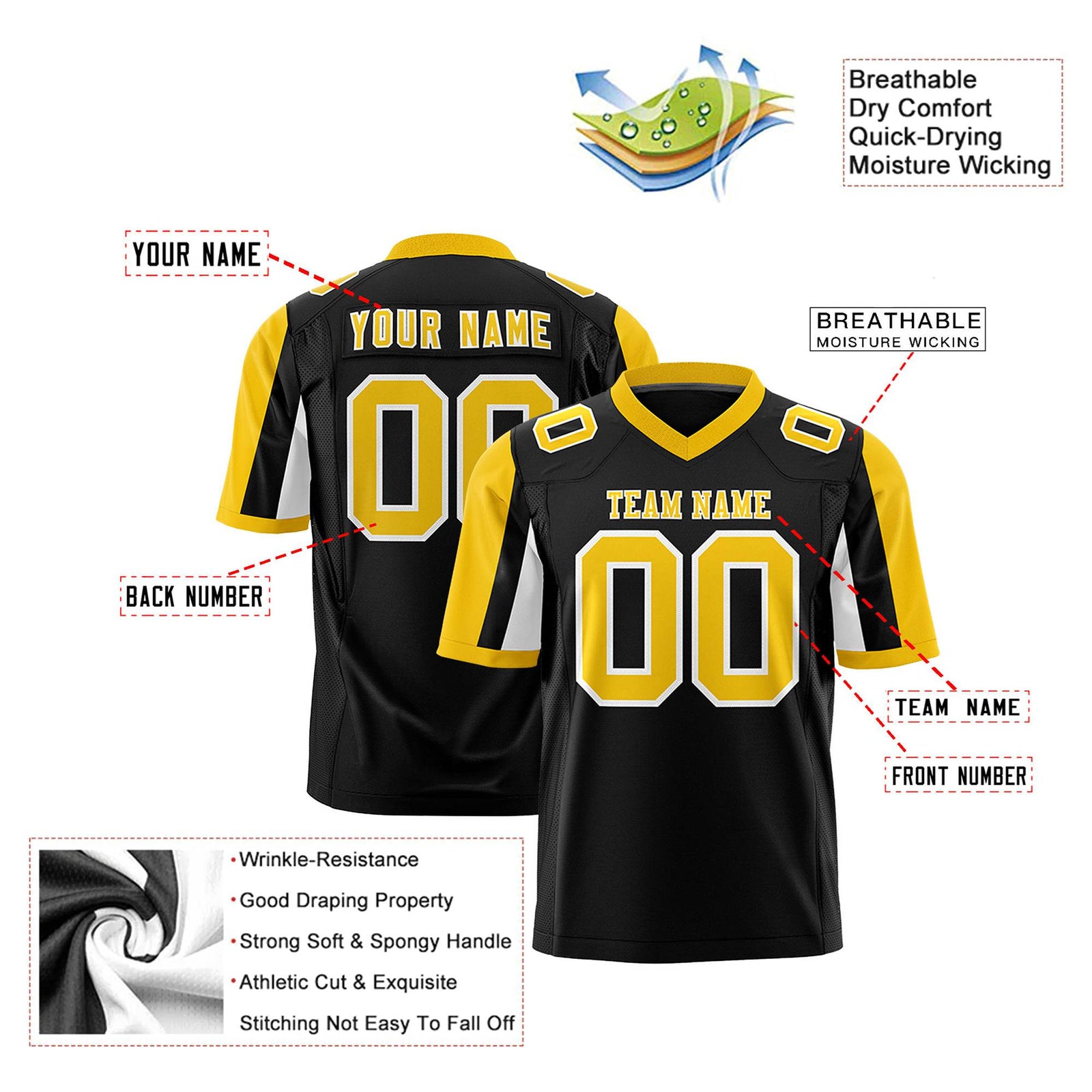Custom Black Gold-White Color Block Personalized Raglan Sleeves Authentic Football Jersey