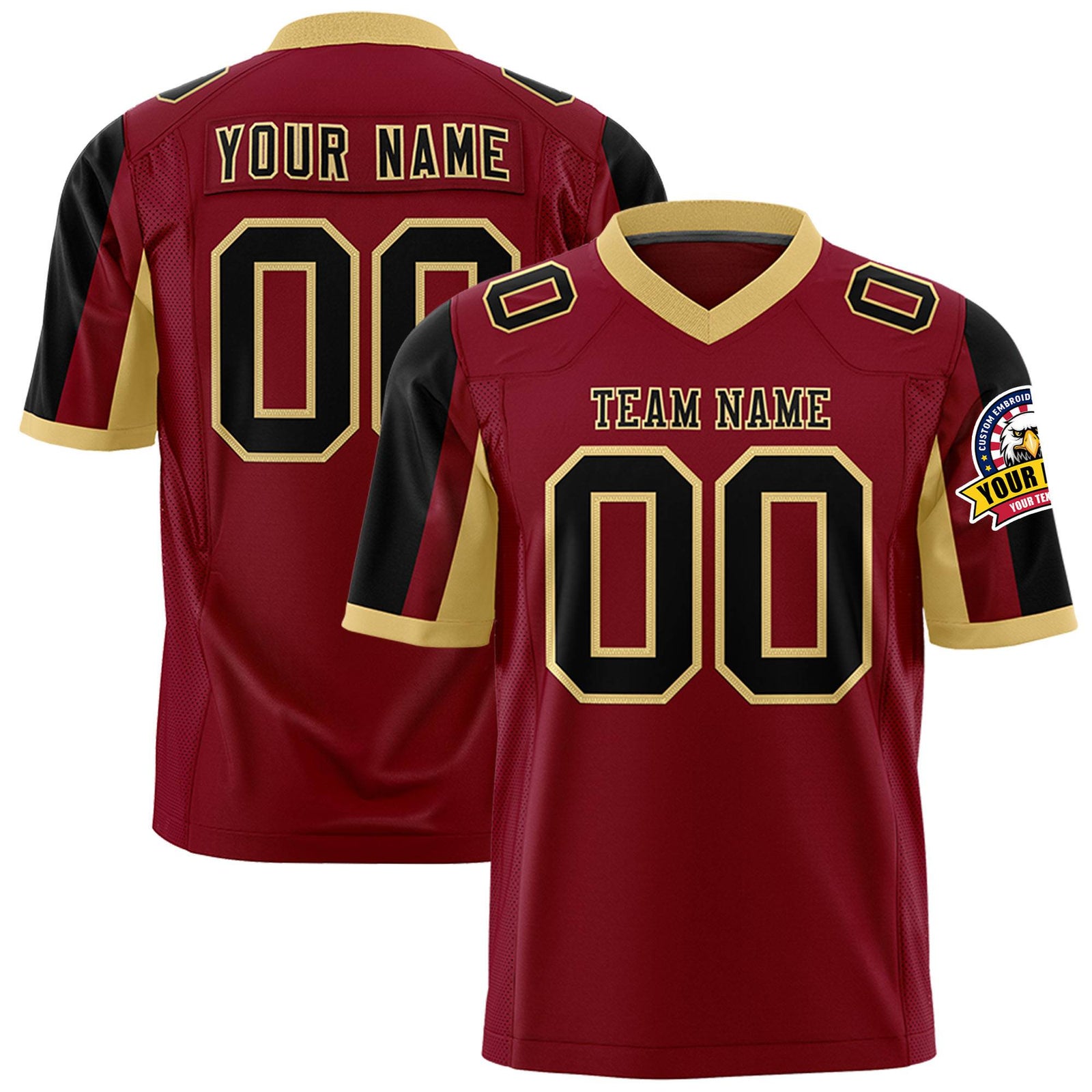 Custom Crimson Black-Old Gold Color Block Personalized Raglan Sleeves Authentic Football Jersey