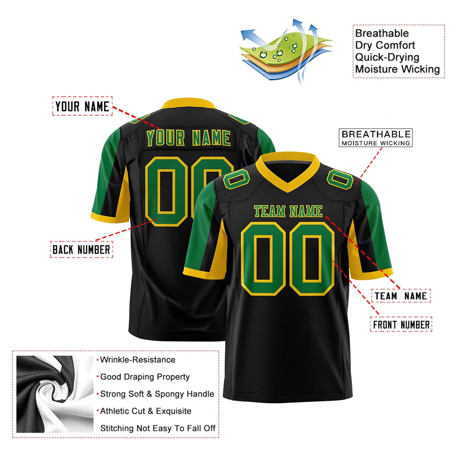 Custom Black Kelly Green-Gold Color Block Personalized Raglan Sleeves Authentic Football Jersey
