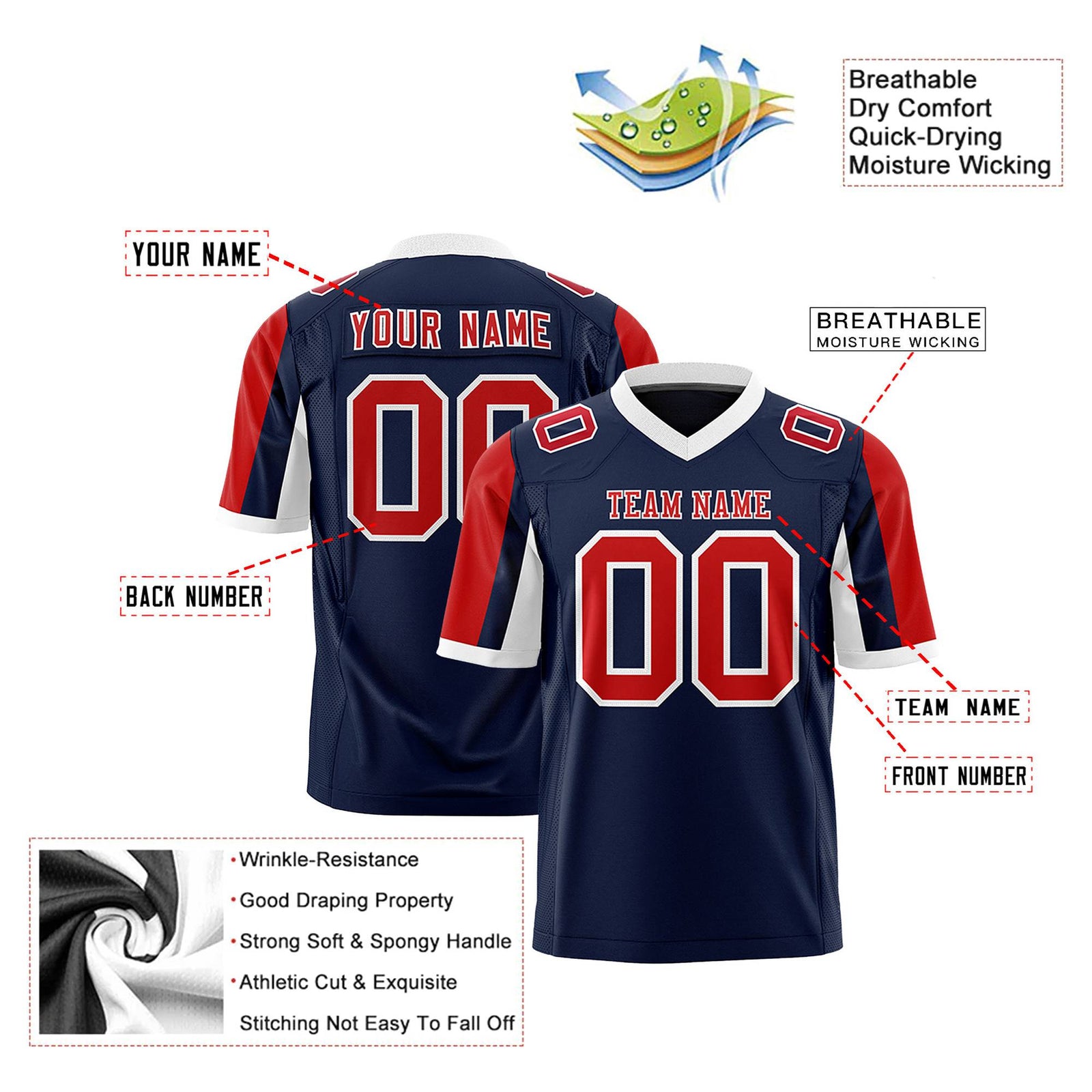 Custom Navy Red-White Color Block Personalized Raglan Sleeves Authentic Football Jersey