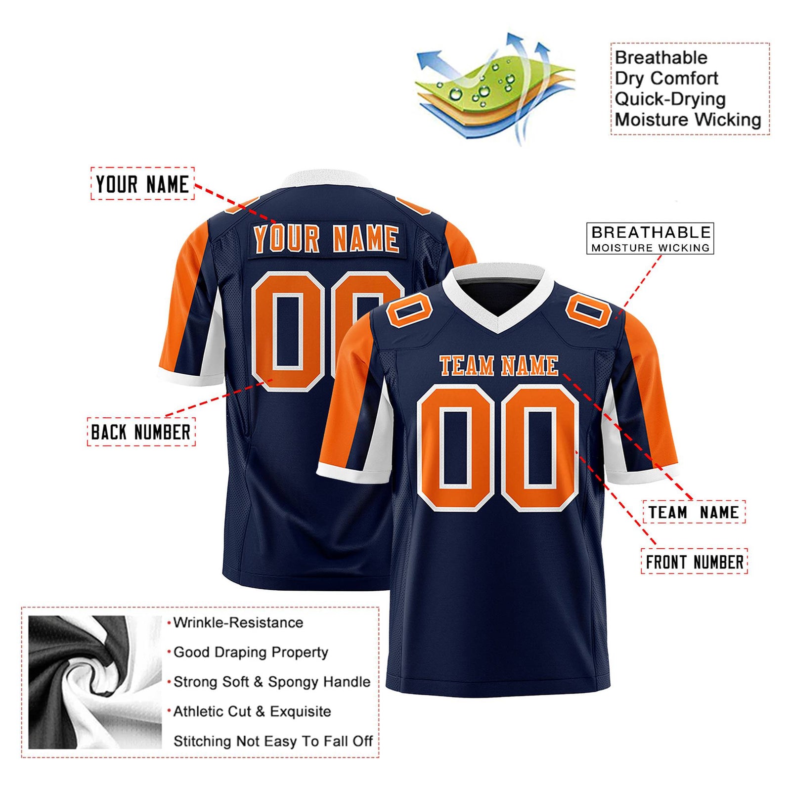 Custom Navy Orange-White Color Block Personalized Raglan Sleeves Authentic Football Jersey