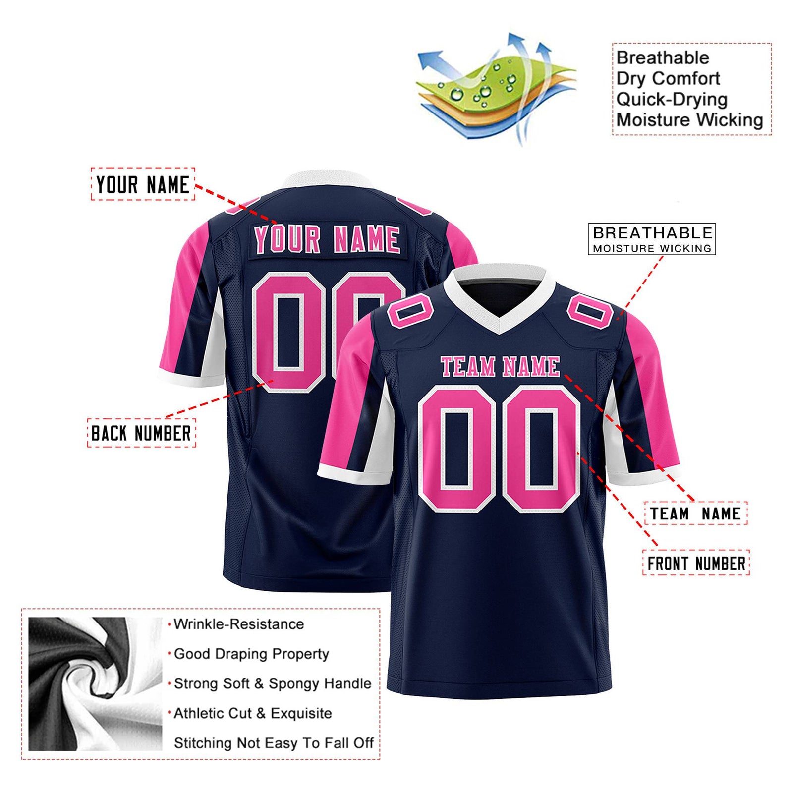 Custom Navy Pink-White Color Block Personalized Raglan Sleeves Authentic Football Jersey