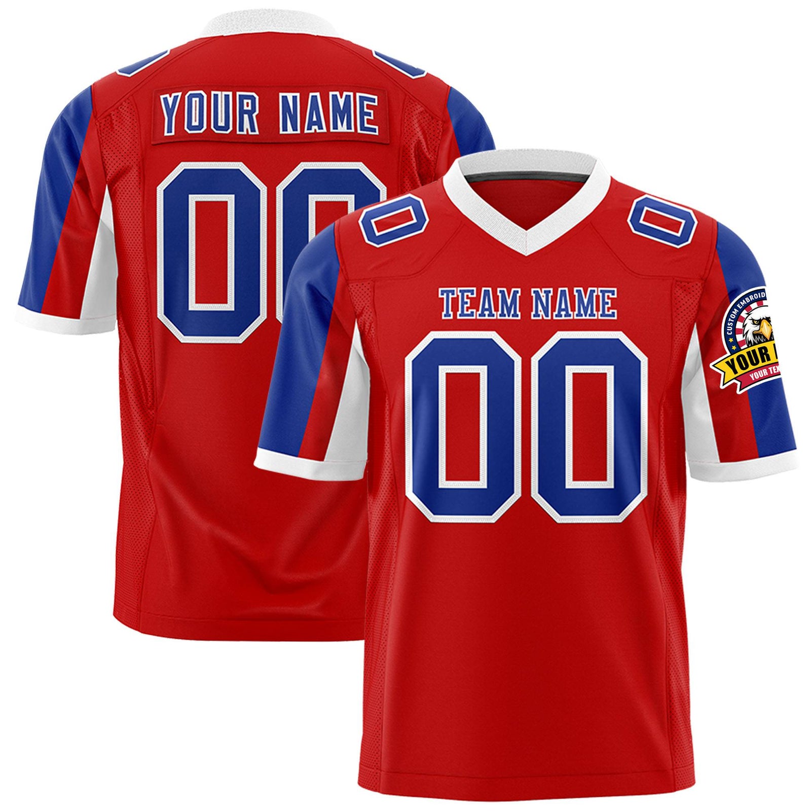 Custom Red Royal Blue-White Color Block Personalized Raglan Sleeves Authentic Football Jersey