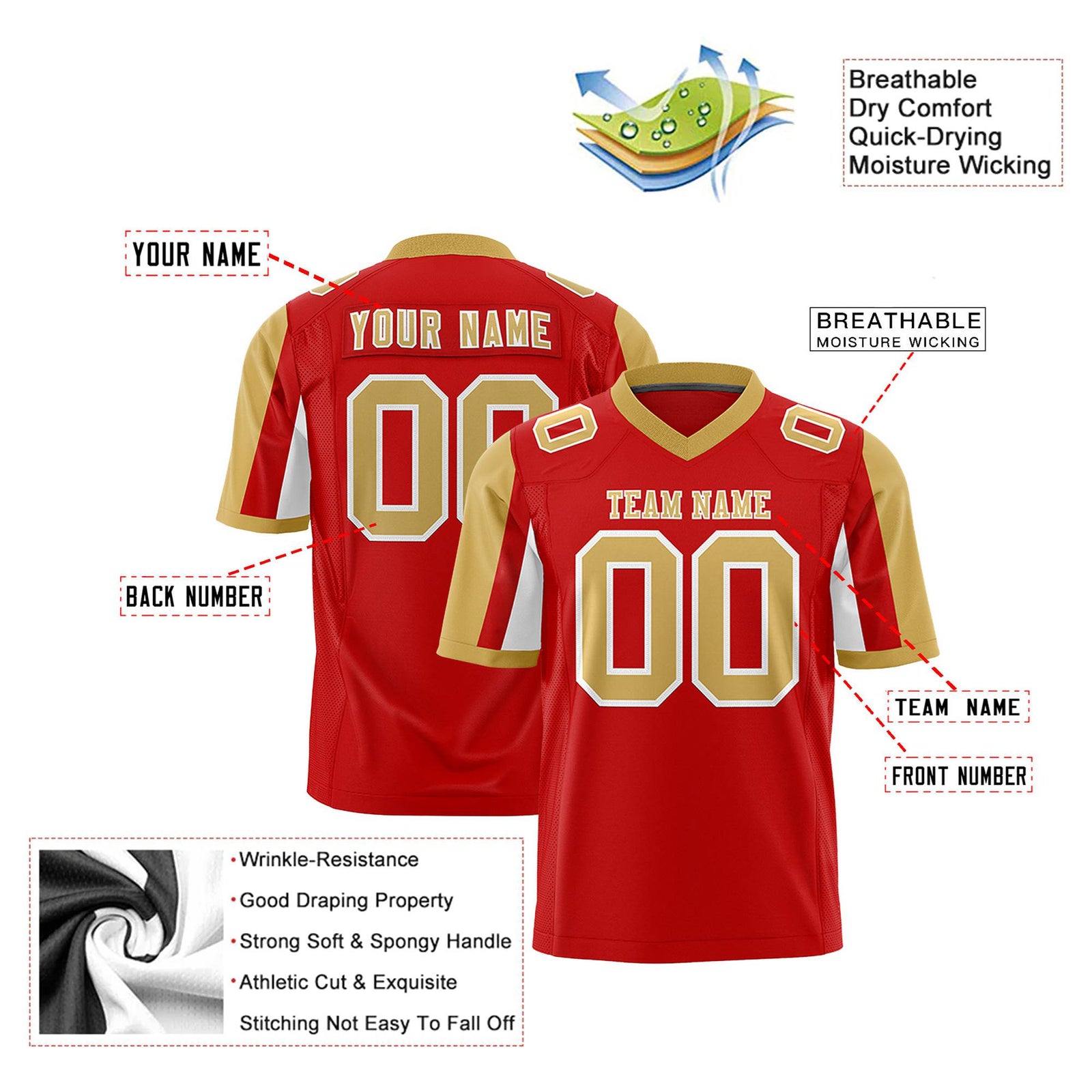Custom Red Old Gold-White Color Block Personalized Raglan Sleeves Authentic Football Jersey