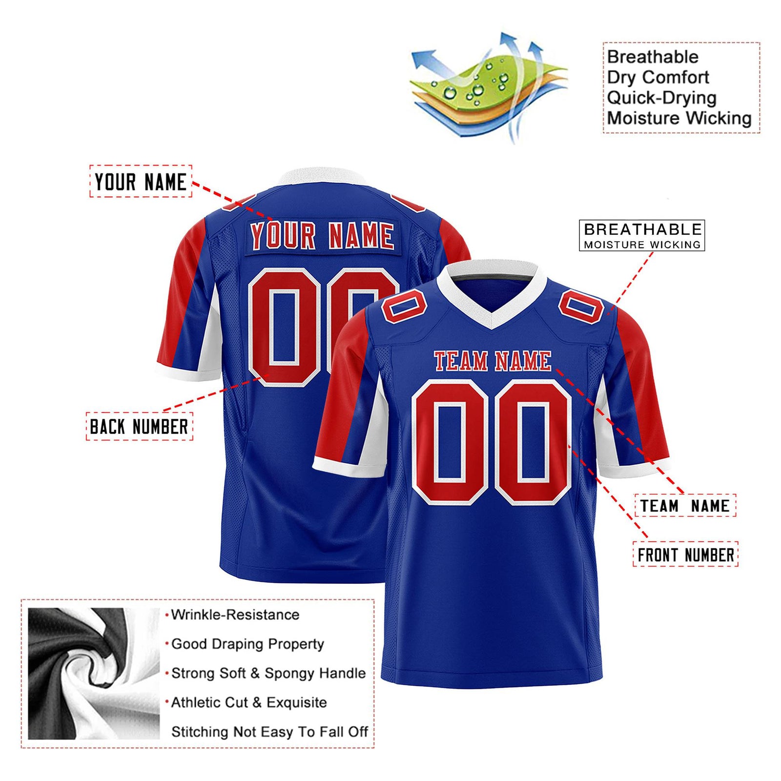 Custom Royal Blue Red-White Color Block Personalized Raglan Sleeves Authentic Football Jersey