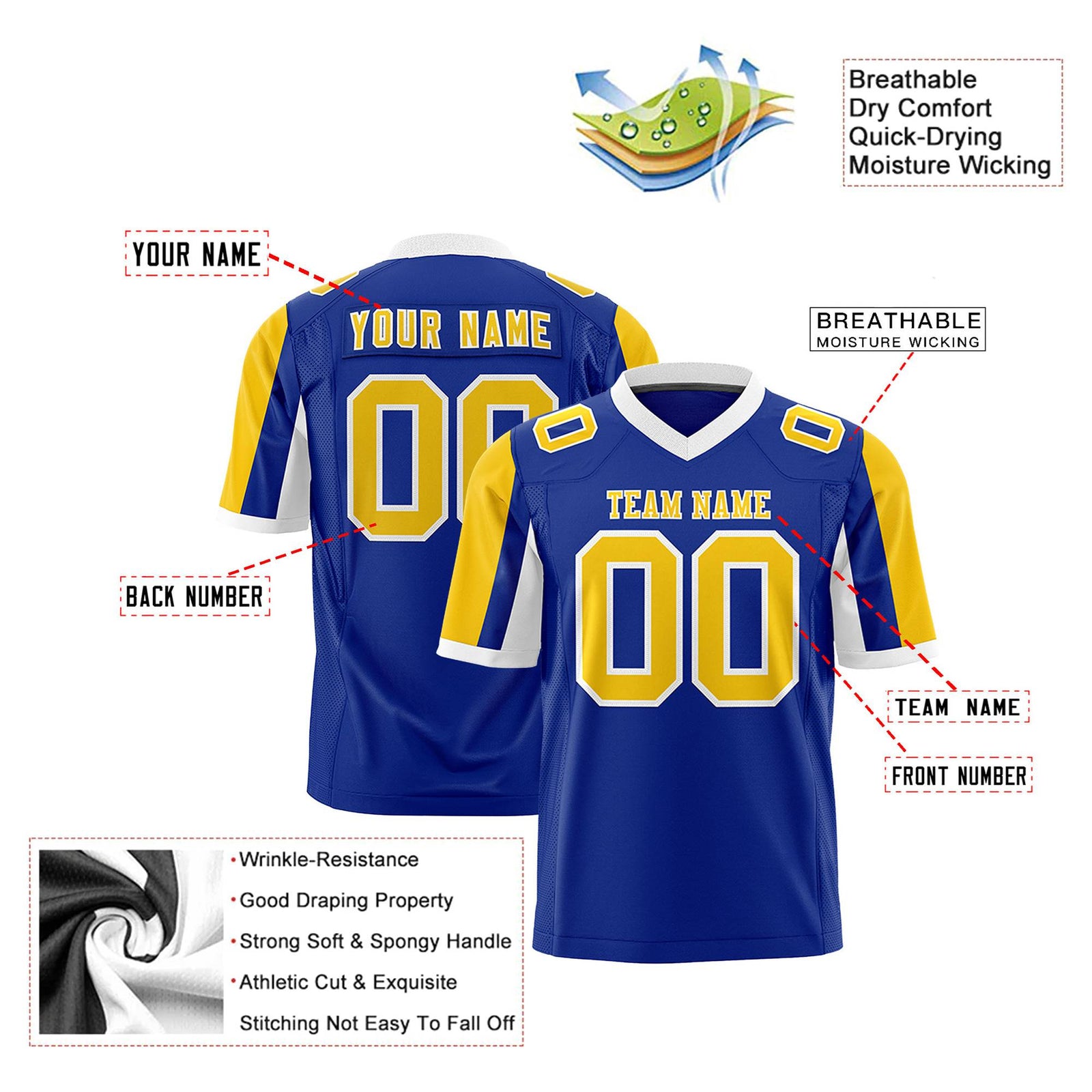 Custom Royal Blue Gold-White Color Block Personalized Raglan Sleeves Authentic Football Jersey