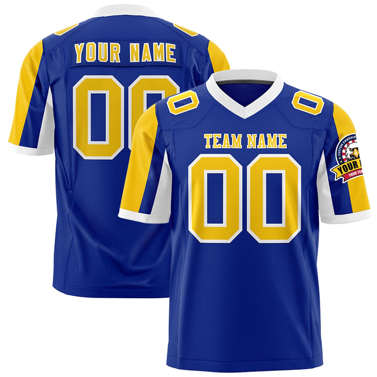 Custom Royal Blue Gold-White Color Block Personalized Raglan Sleeves Authentic Football Jersey