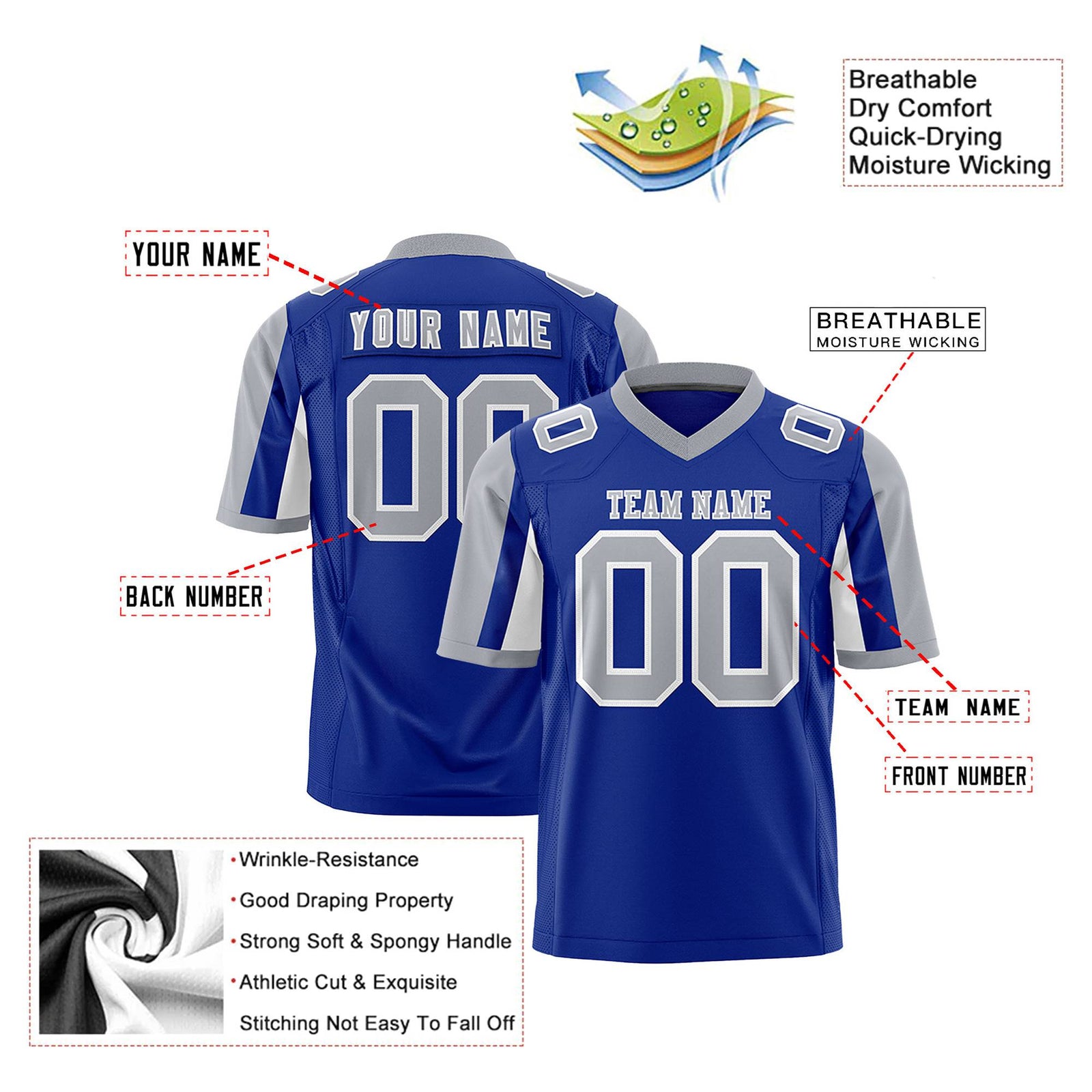 Custom Royal Blue Gray-White Color Block Personalized Raglan Sleeves Authentic Football Jersey