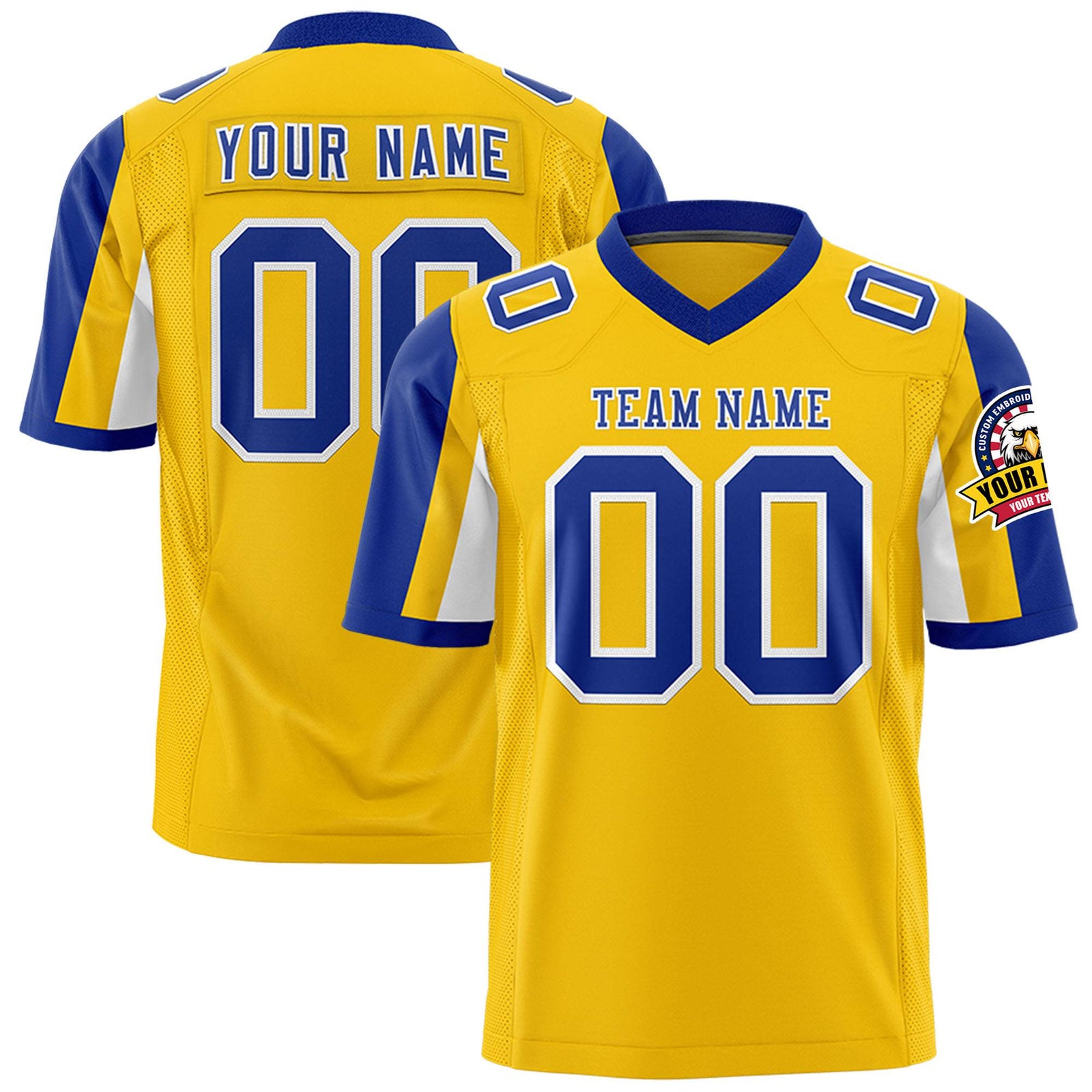 Custom Gold Royal Blue-White Color Block Personalized Raglan Sleeves Authentic Football Jersey