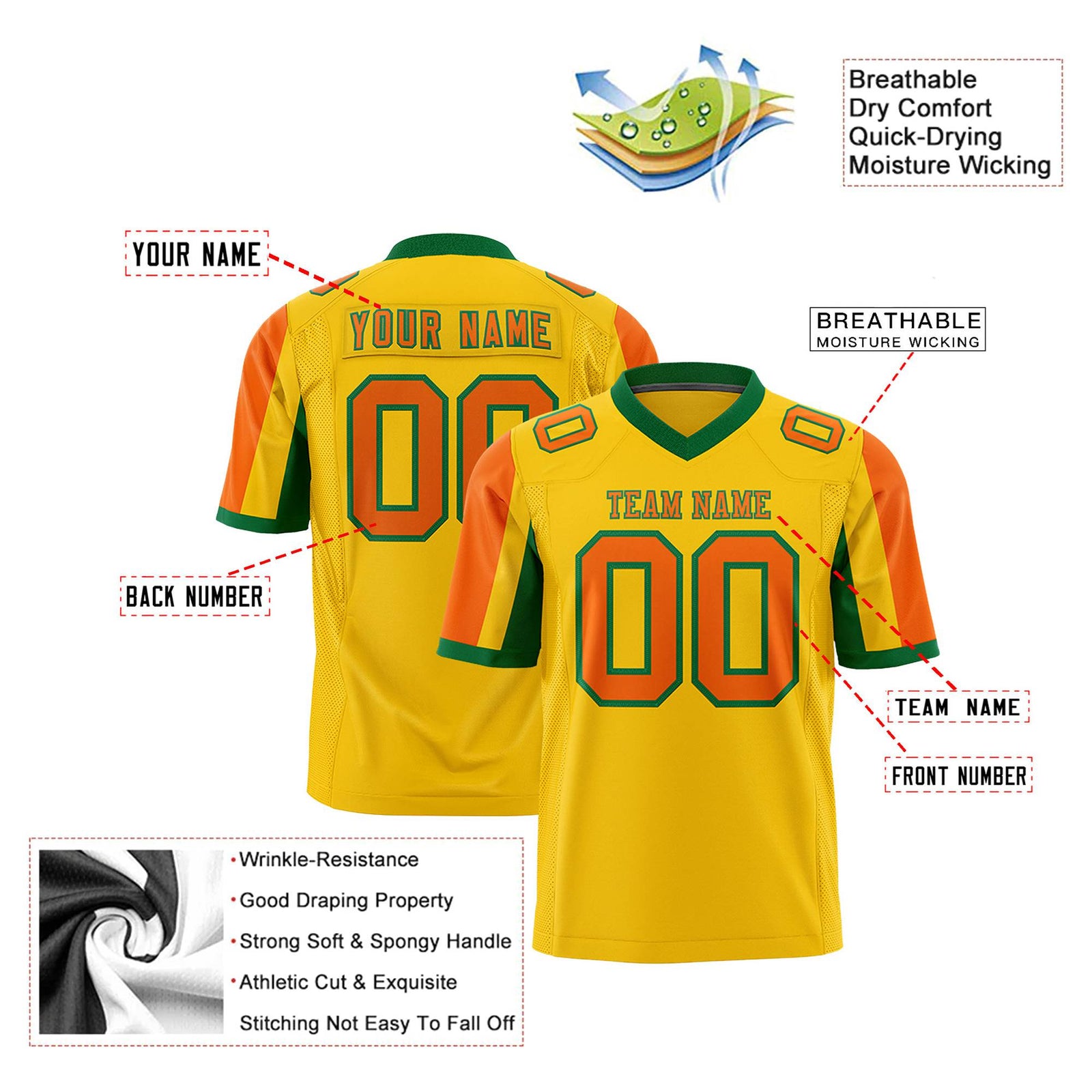 Custom Gold Orange-Green Color Block Personalized Raglan Sleeves Authentic Football Jersey