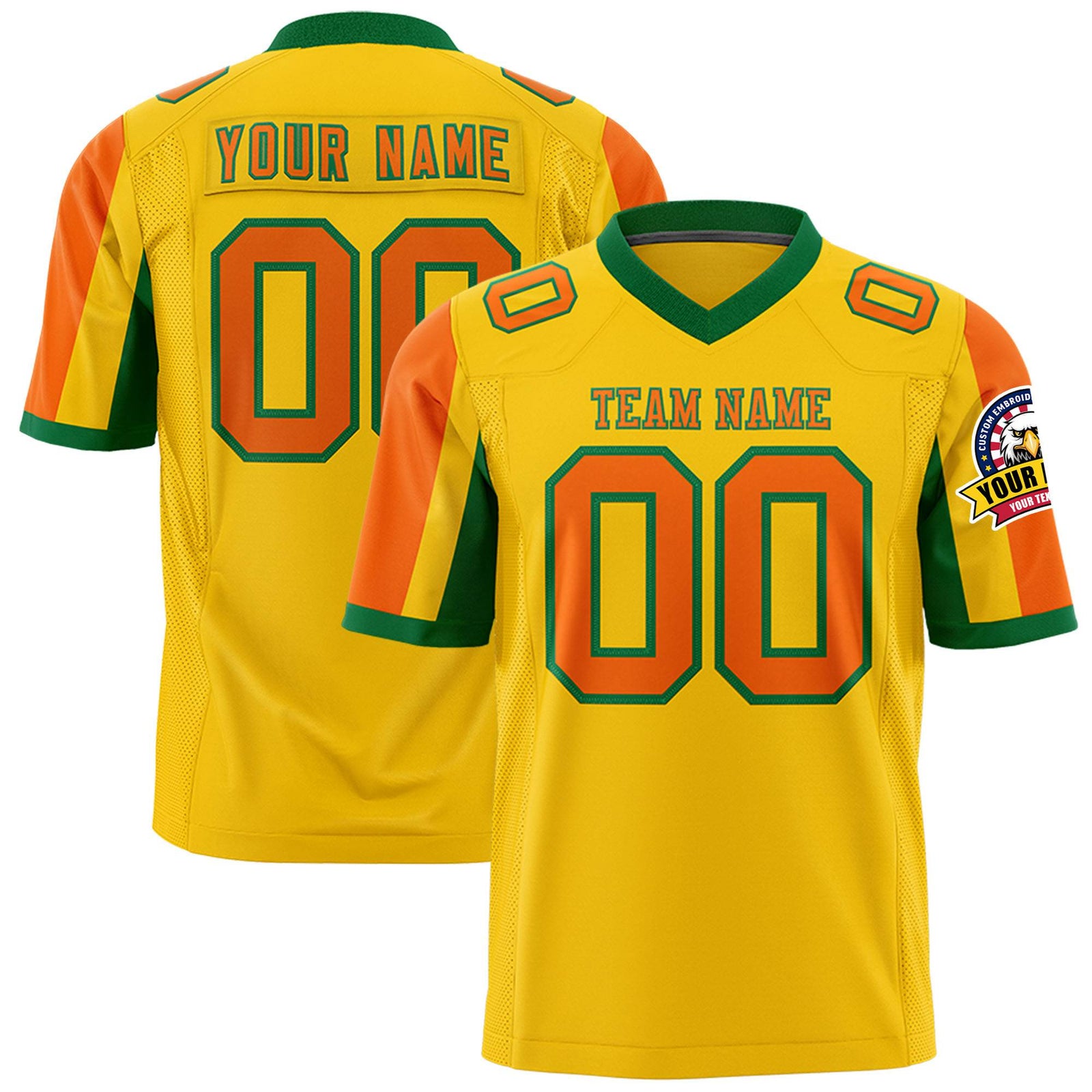 Custom Gold Orange-Green Color Block Personalized Raglan Sleeves Authentic Football Jersey