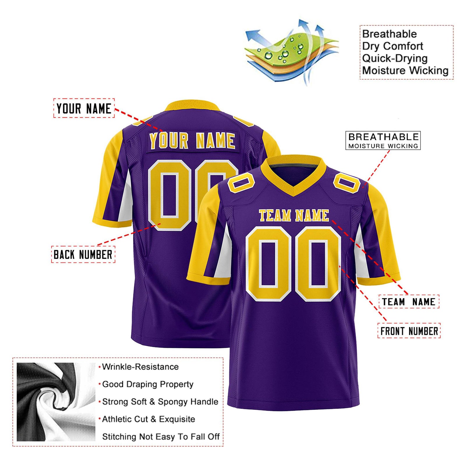 Custom Purple Gold-White Color Block Personalized Raglan Sleeves Authentic Football Jersey