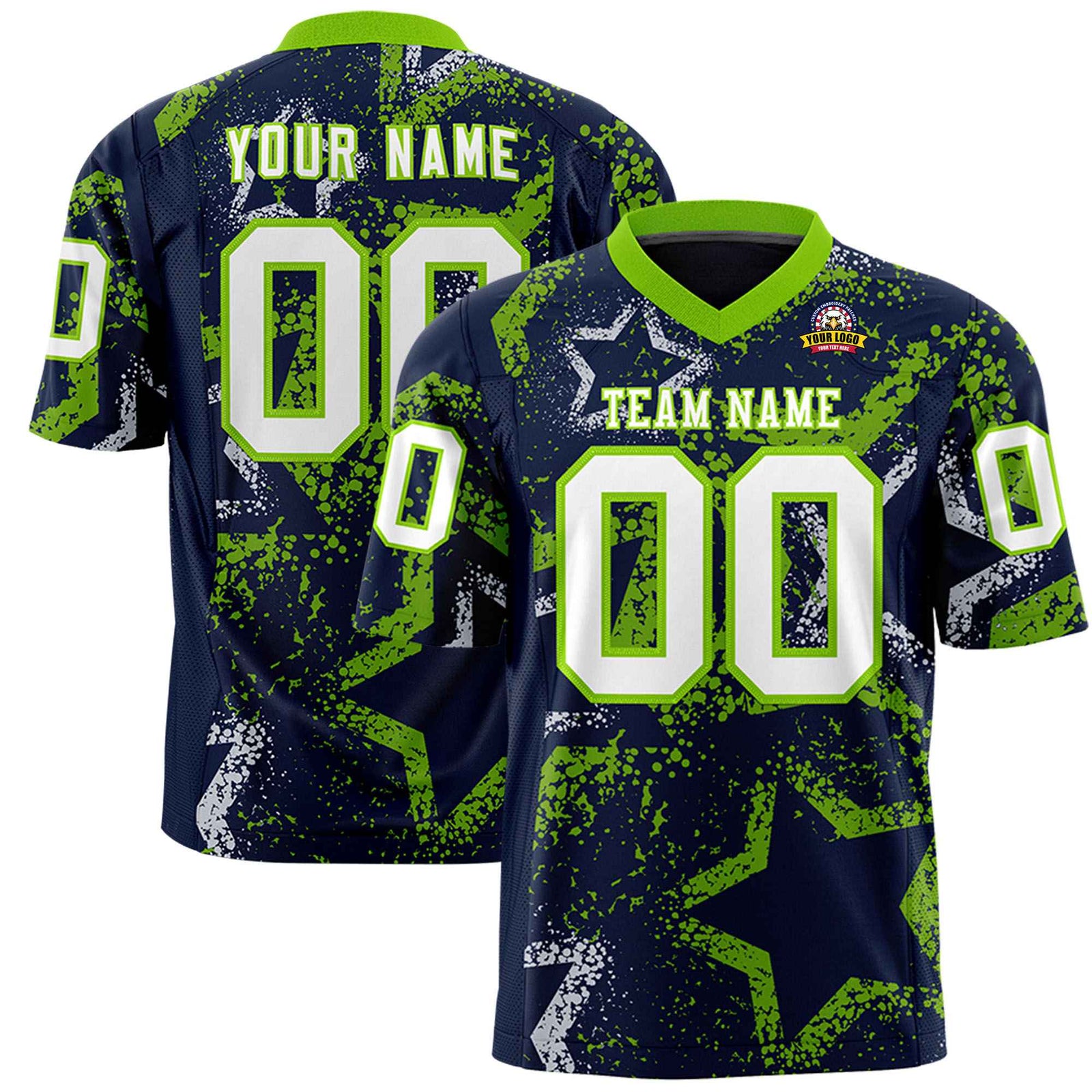 Custom Navy White Neon-Green Mesh Star Football Jersey
