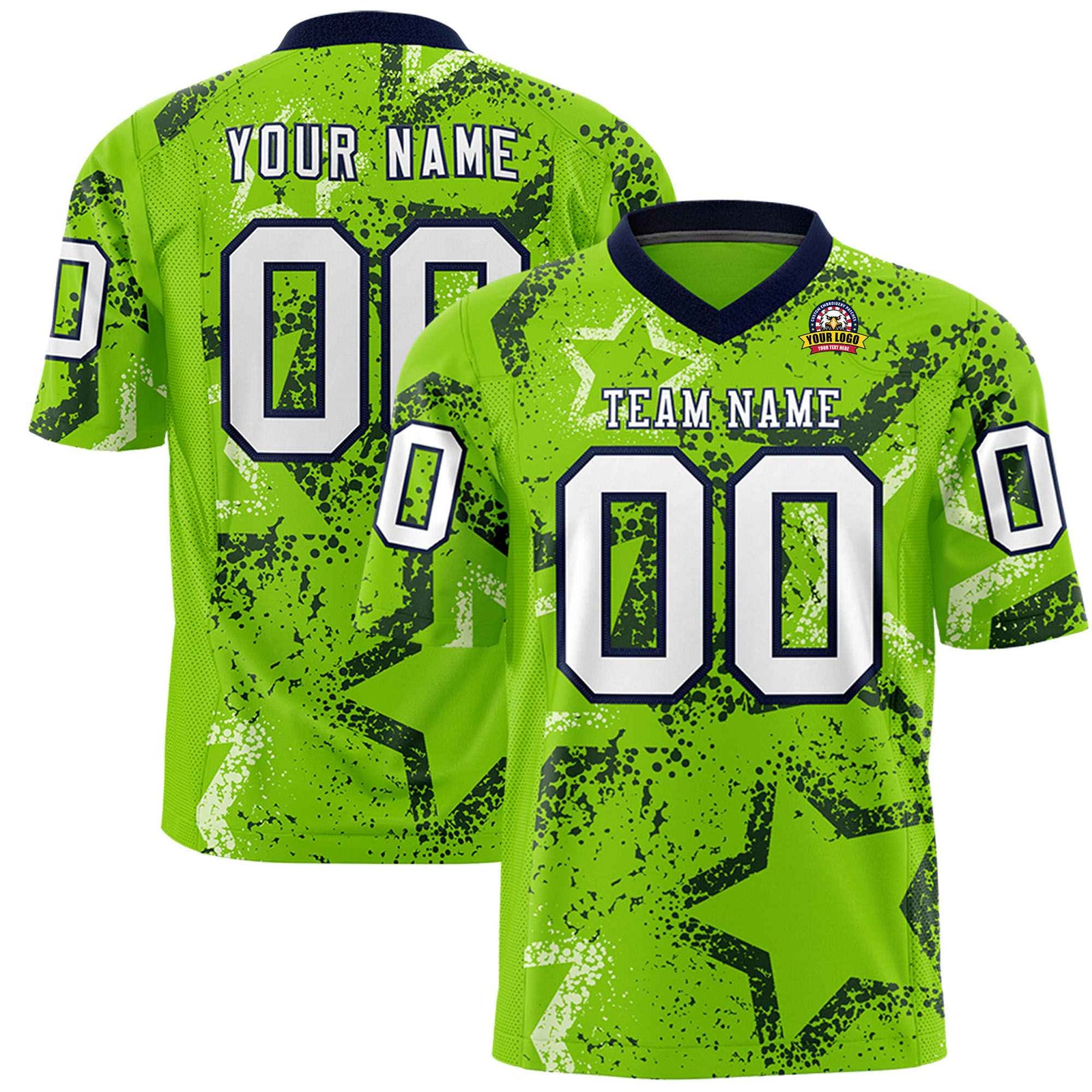 Custom Neon Green White-Navy Mesh Star Football Jersey