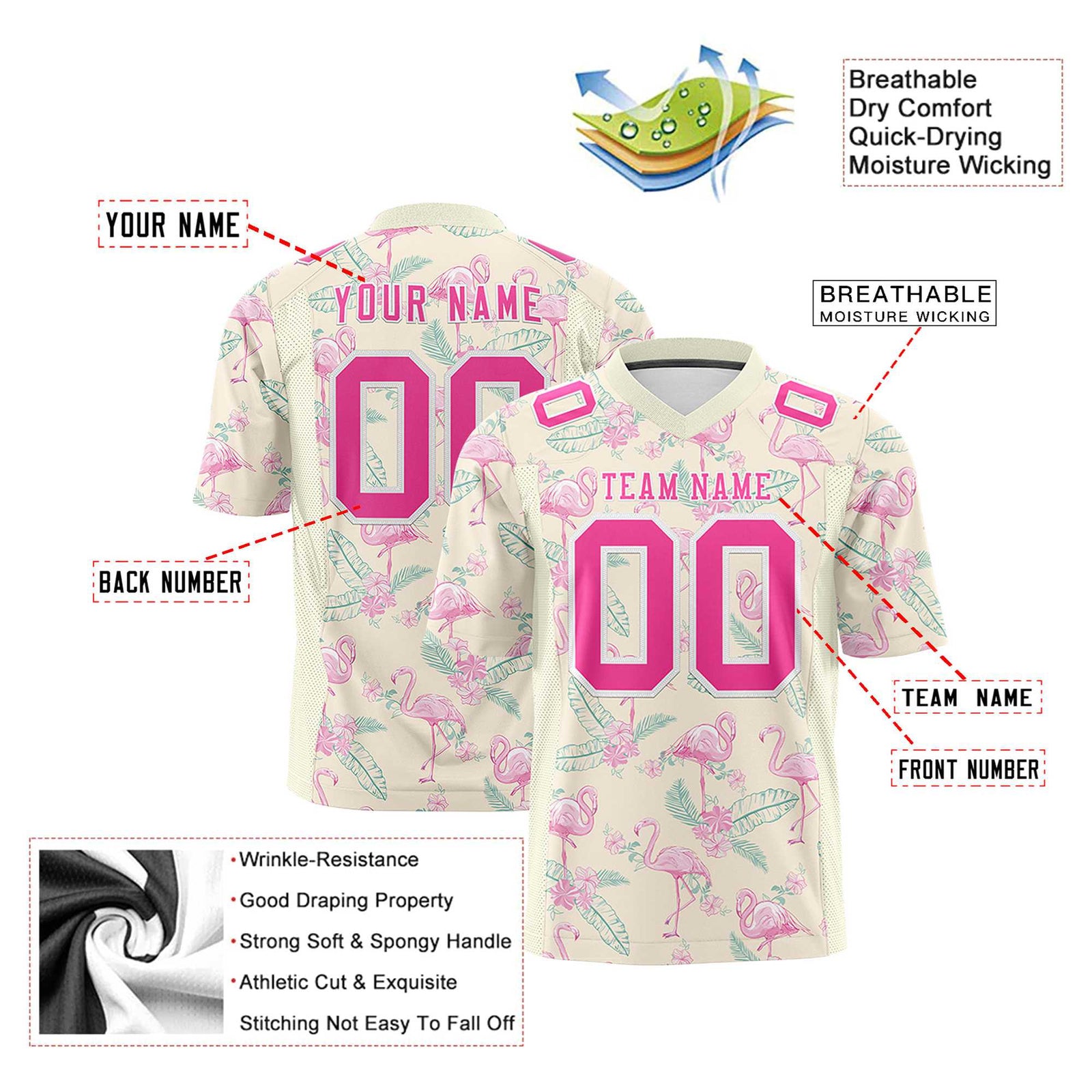 Custom Personalized Flamingo Off-white/Cream Pink Graffiti Pattern Design Authentic Football Jersey