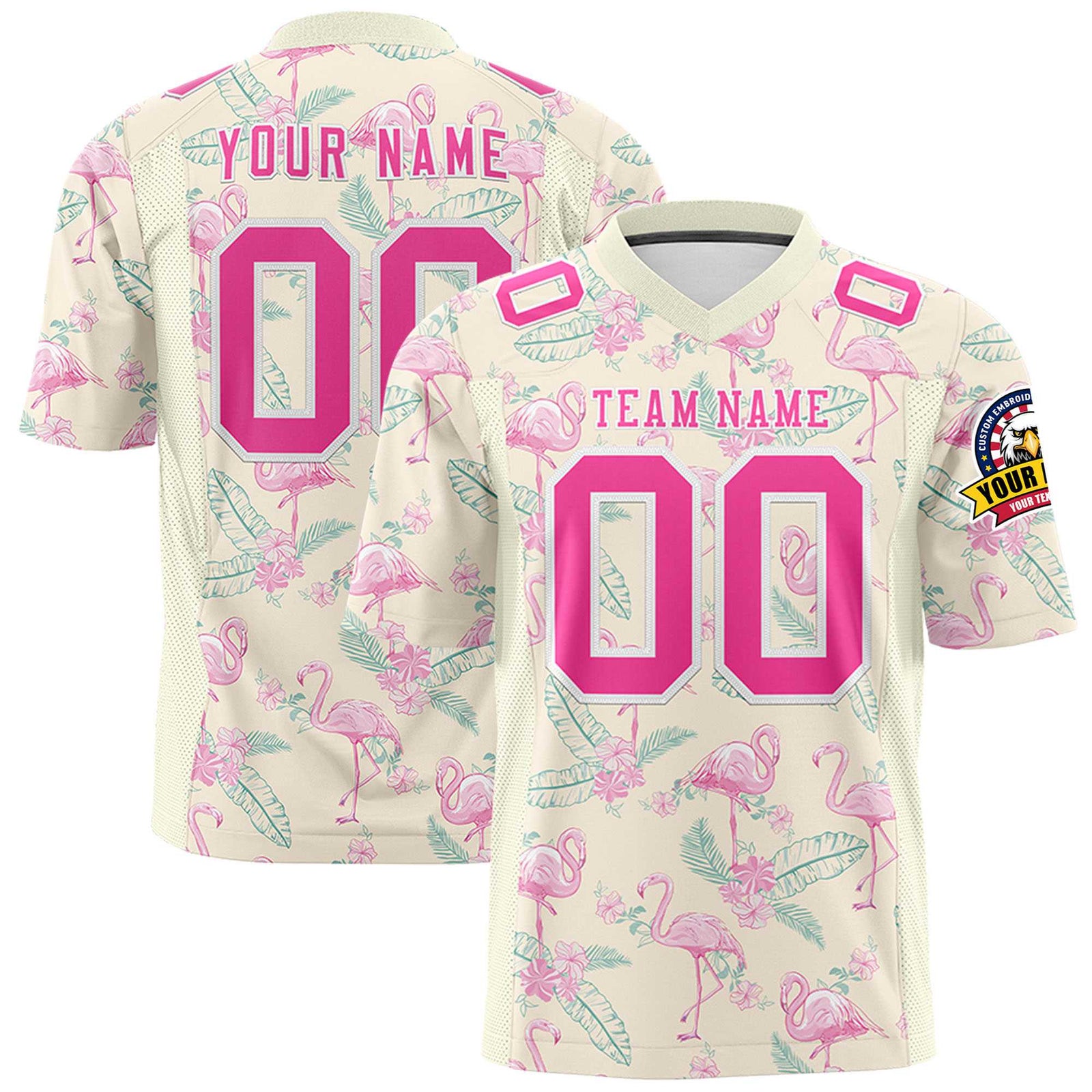 Custom Personalized Flamingo Off-white/Cream Pink Graffiti Pattern Design Authentic Football Jersey