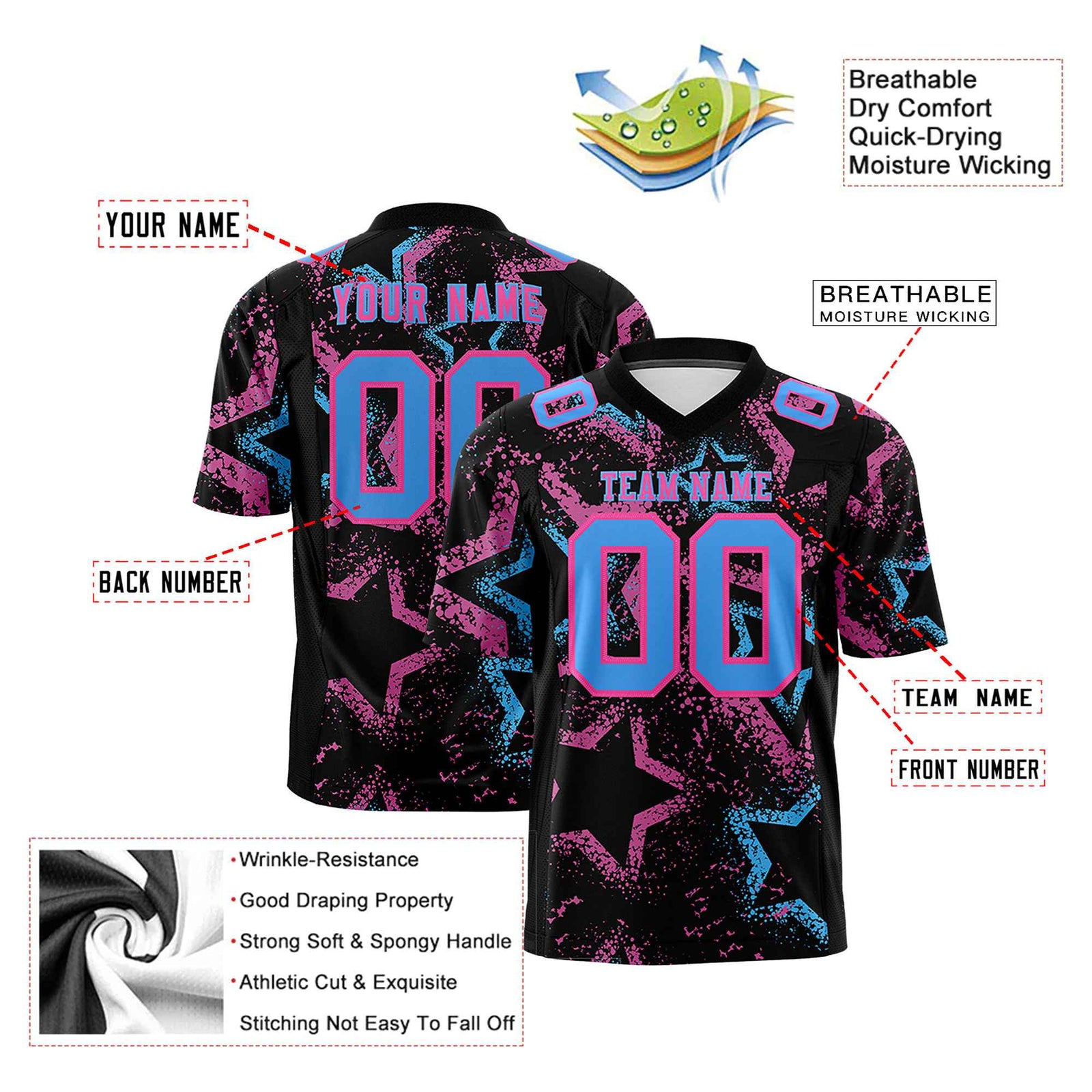 Custom Personalized Star Black Pink-Blue Graffiti Pattern Design Authentic Football Jersey