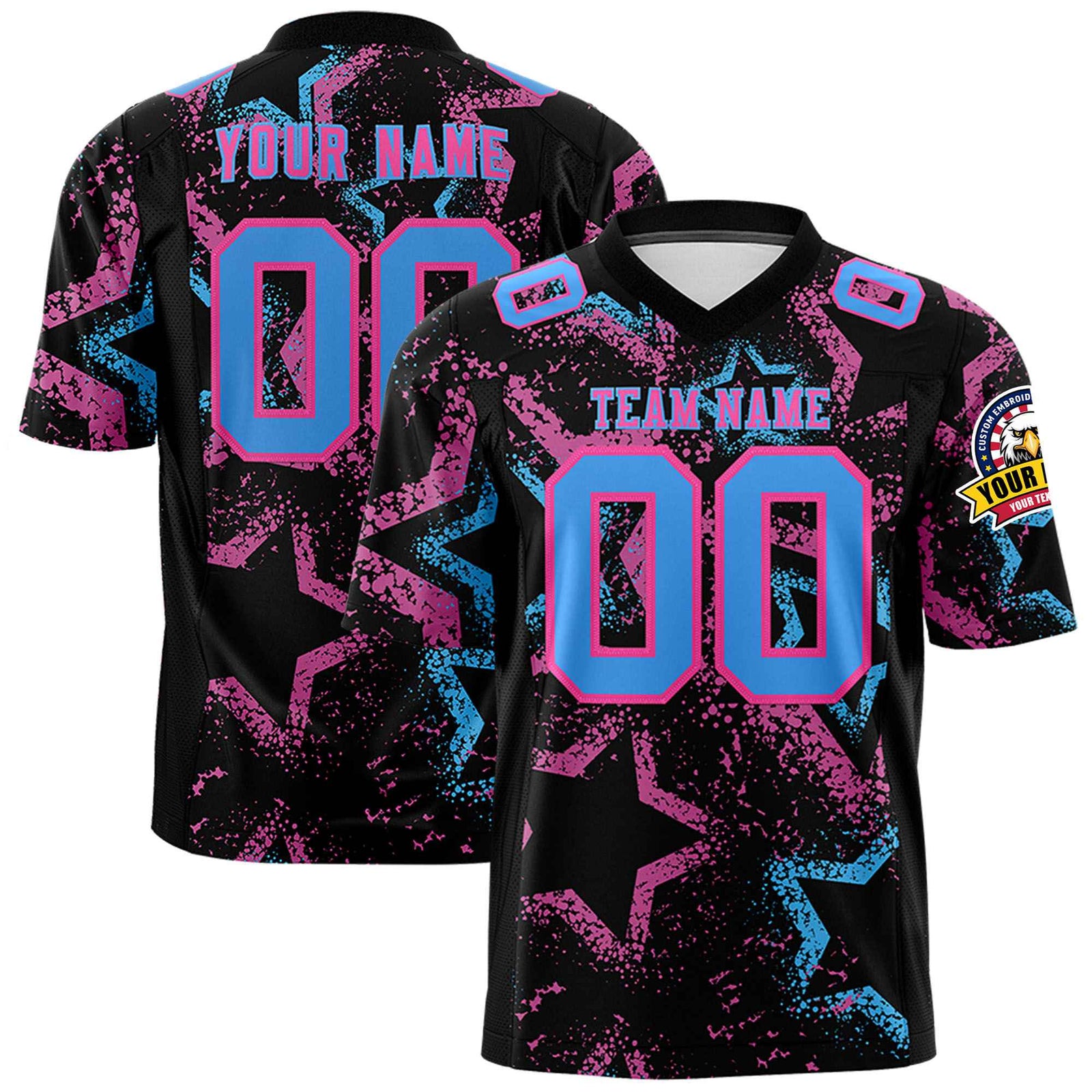 Custom Personalized Star Black Pink-Blue Graffiti Pattern Design Authentic Football Jersey