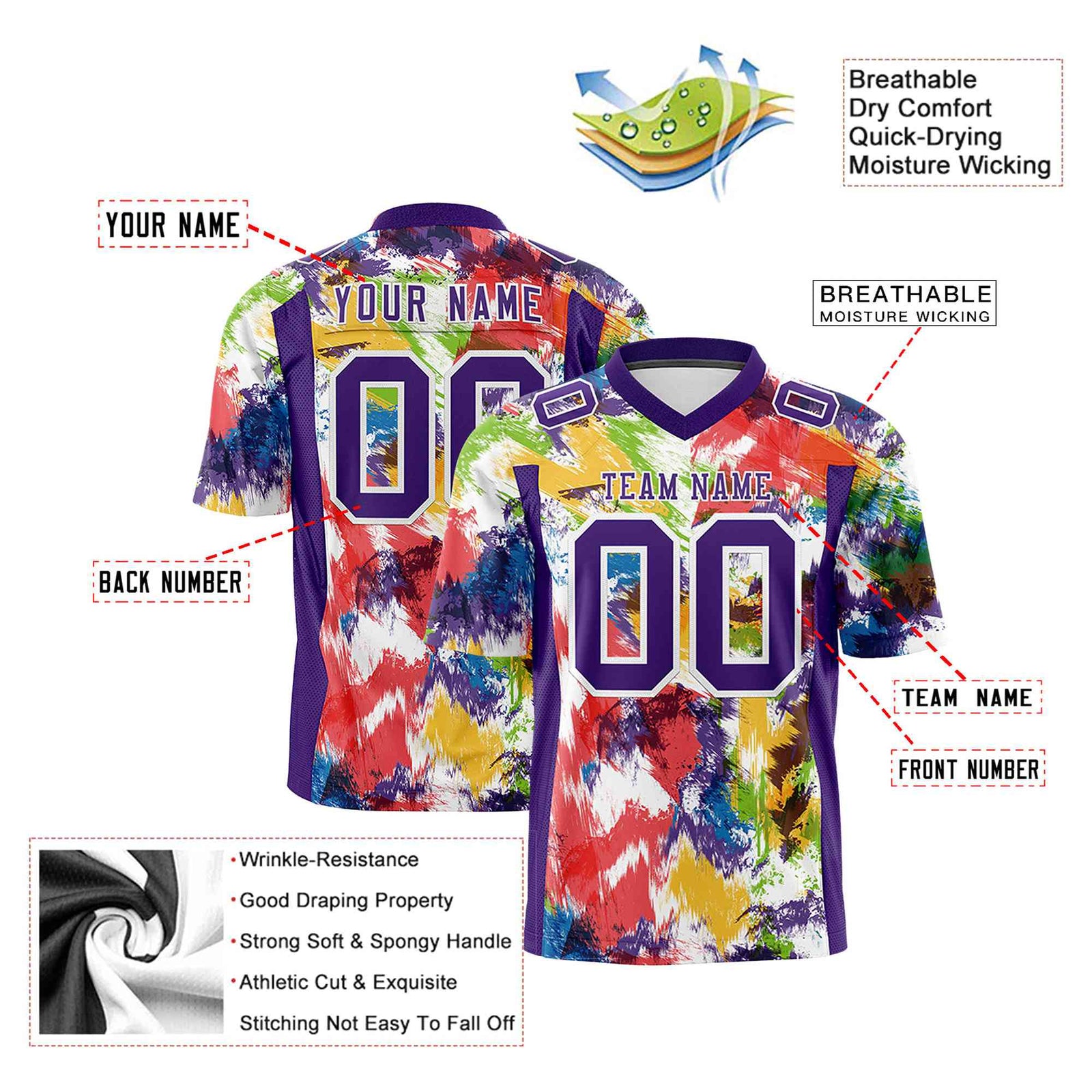 Custom Personalized Abstract Splattered Ink Colorful Graffiti Pattern Design Authentic Football Jersey