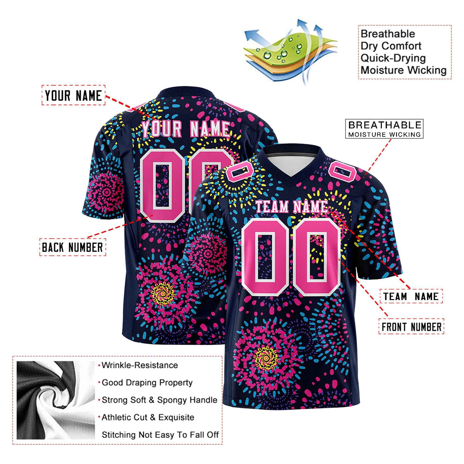 Custom Personalized Eye-Catching Football Jersey Celebrate Your Team's Victories with a Fireworks Pattern