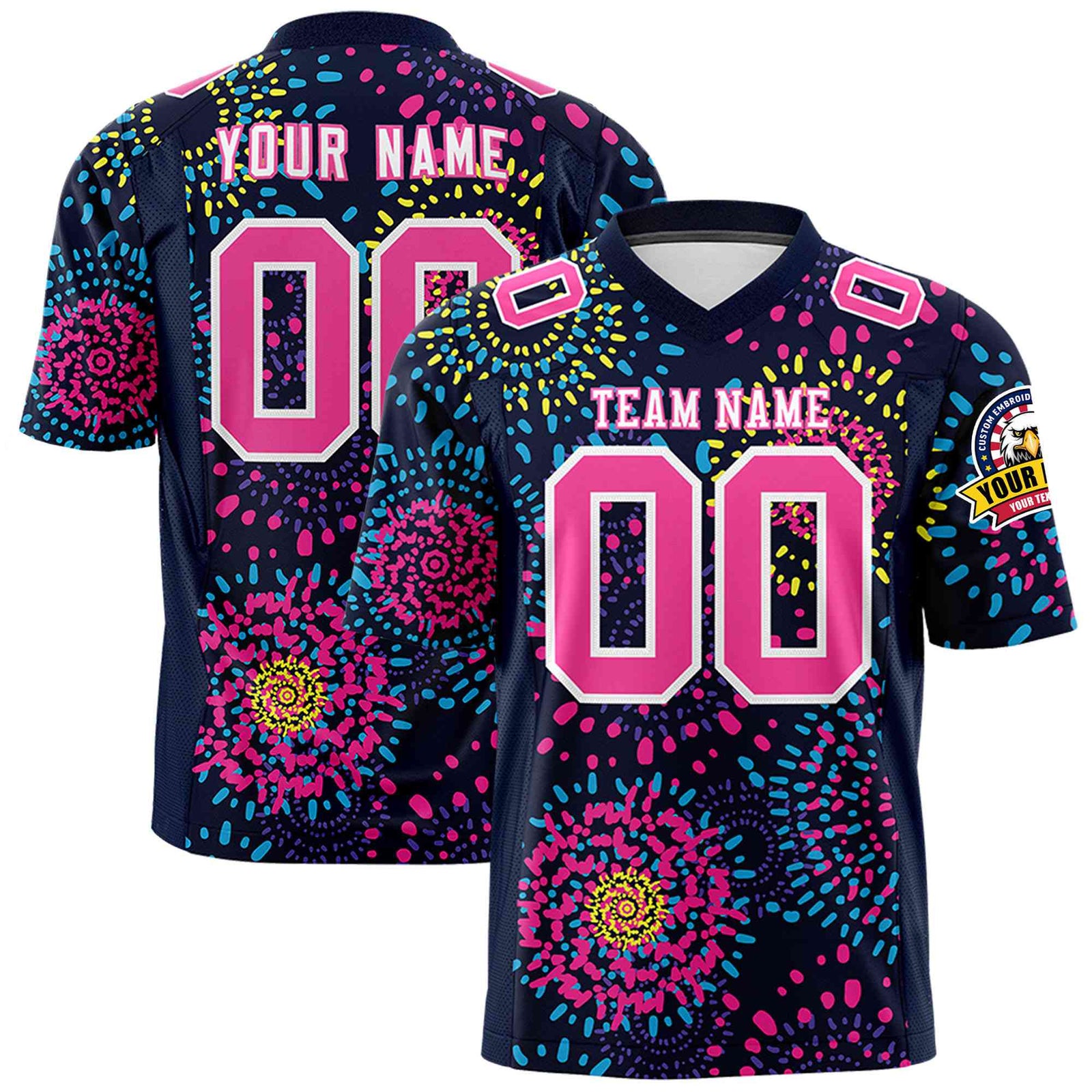 Custom Personalized Eye-Catching Football Jersey Celebrate Your Team's Victories with a Fireworks Pattern