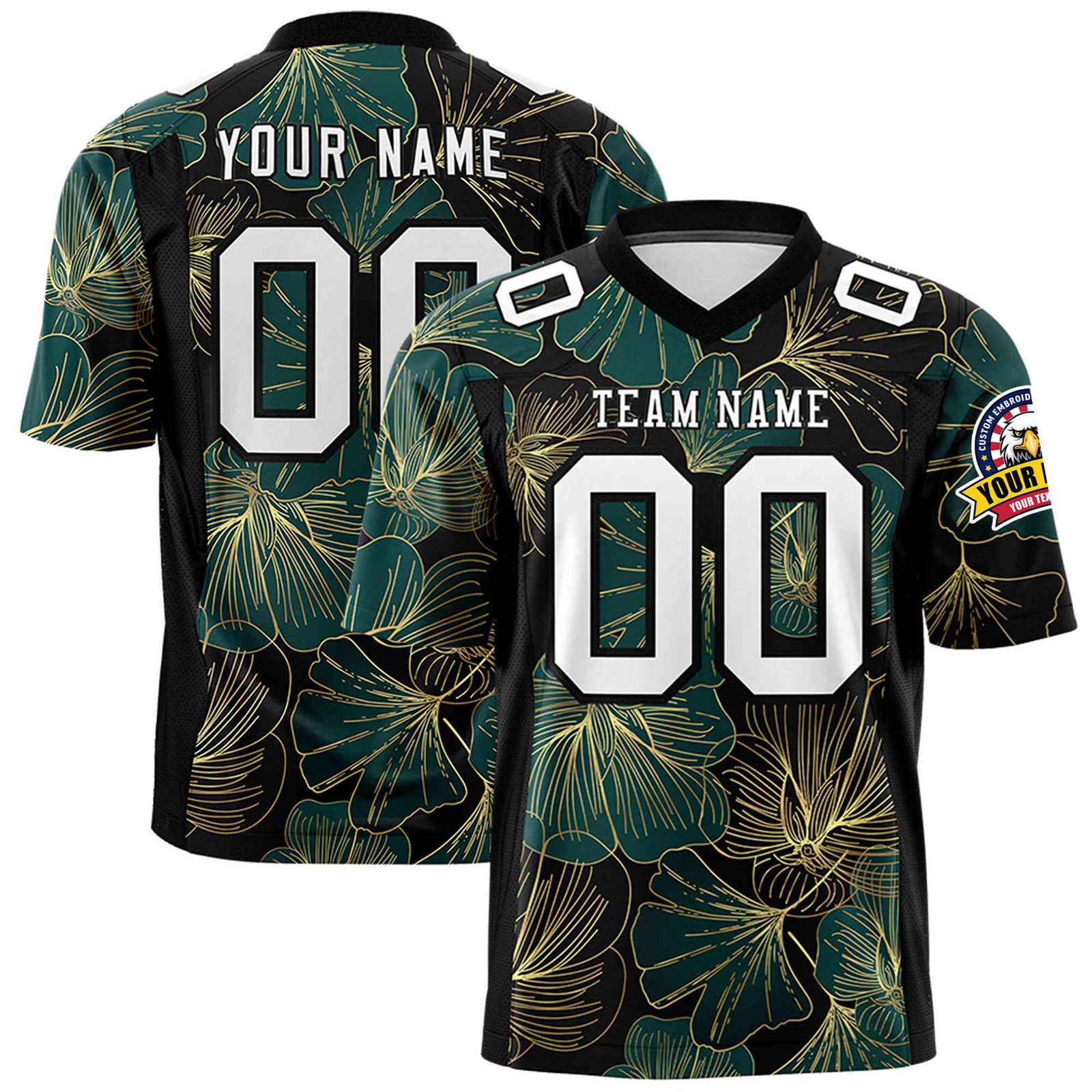 Custom Football Jersey Elegant Floral Pattern on Black - Personalized Name & Number