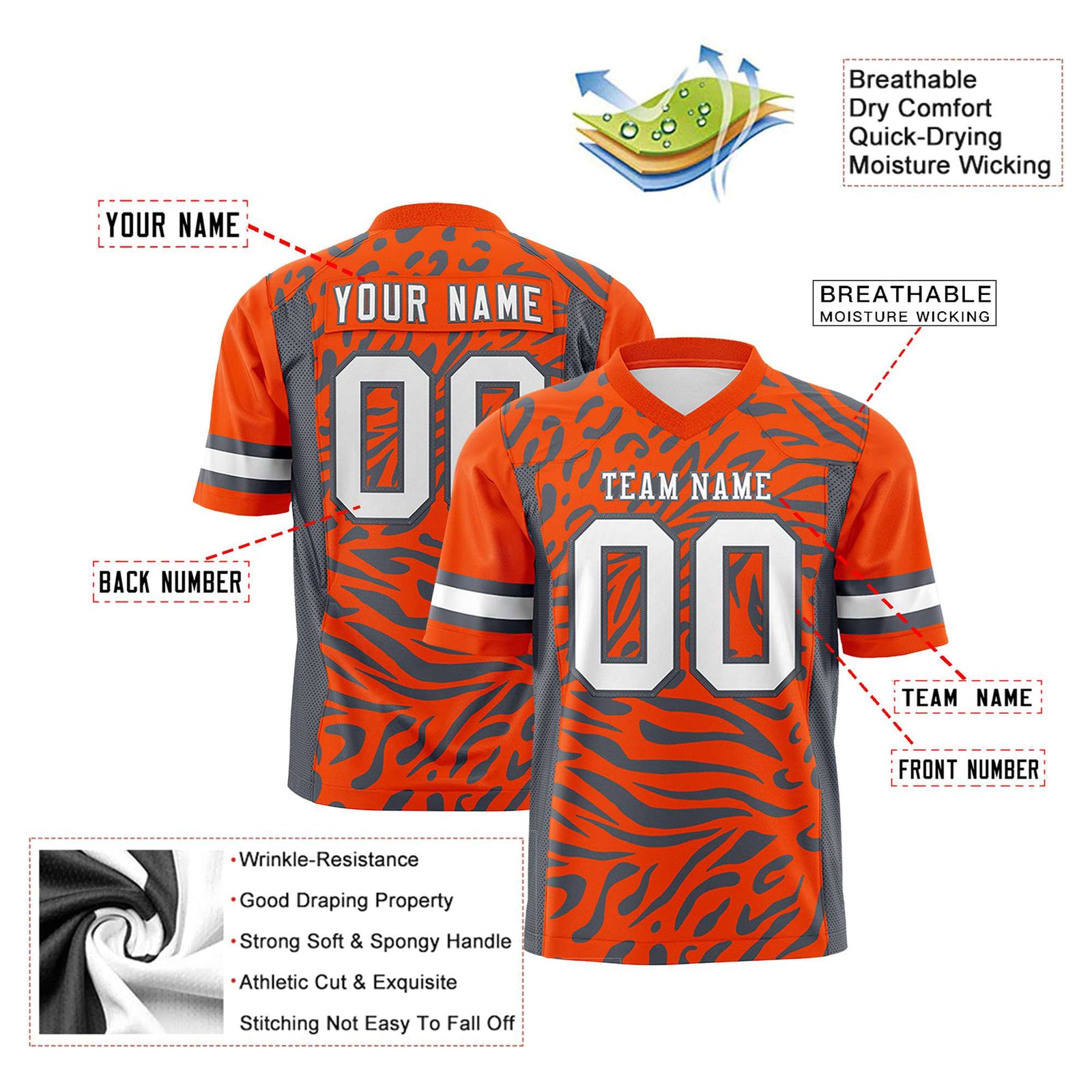 Custom Orange Dark Gray-White Mesh Zebra Style Football Jersey