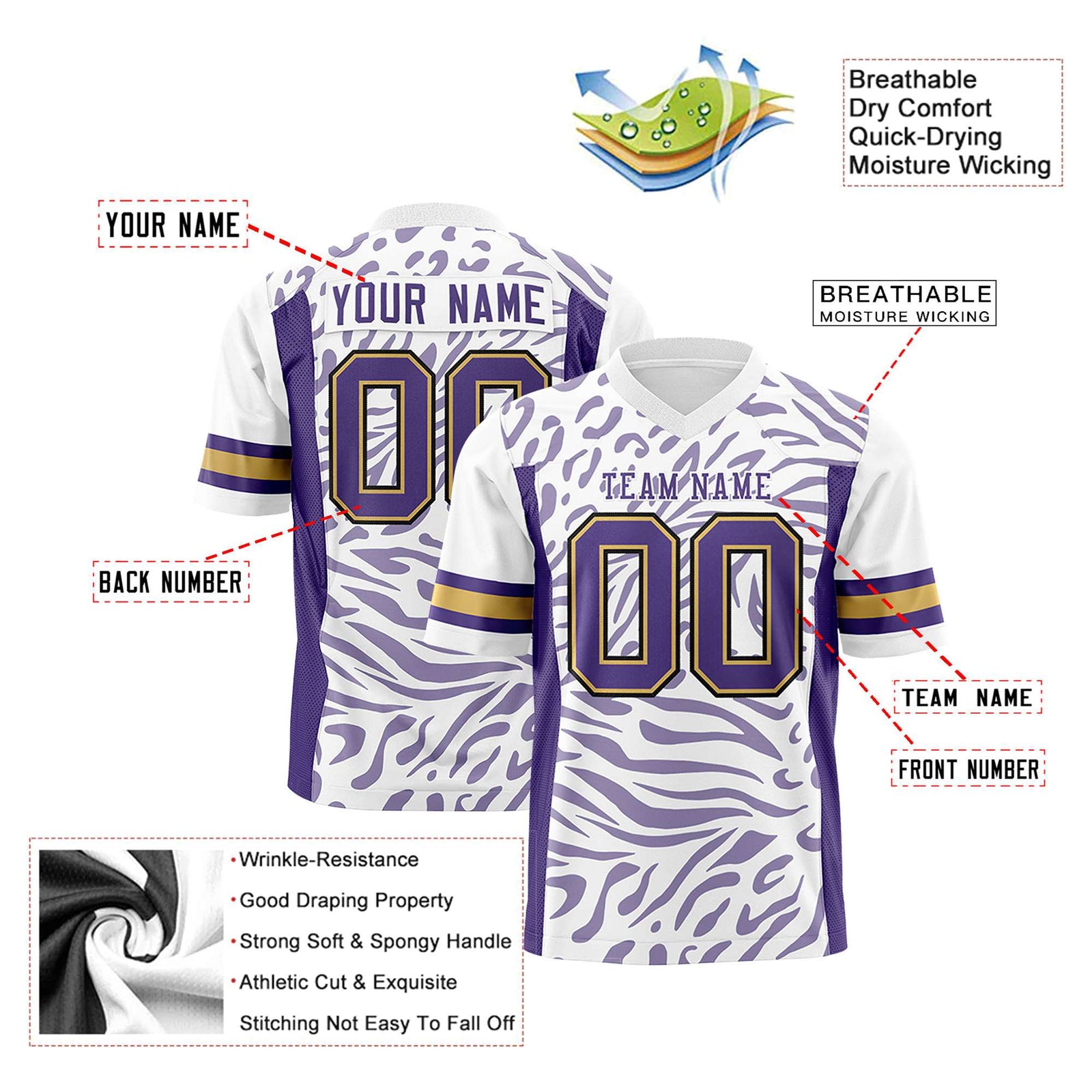 Custom White Purple-Old Gold Mesh Zebra Style Football Jersey