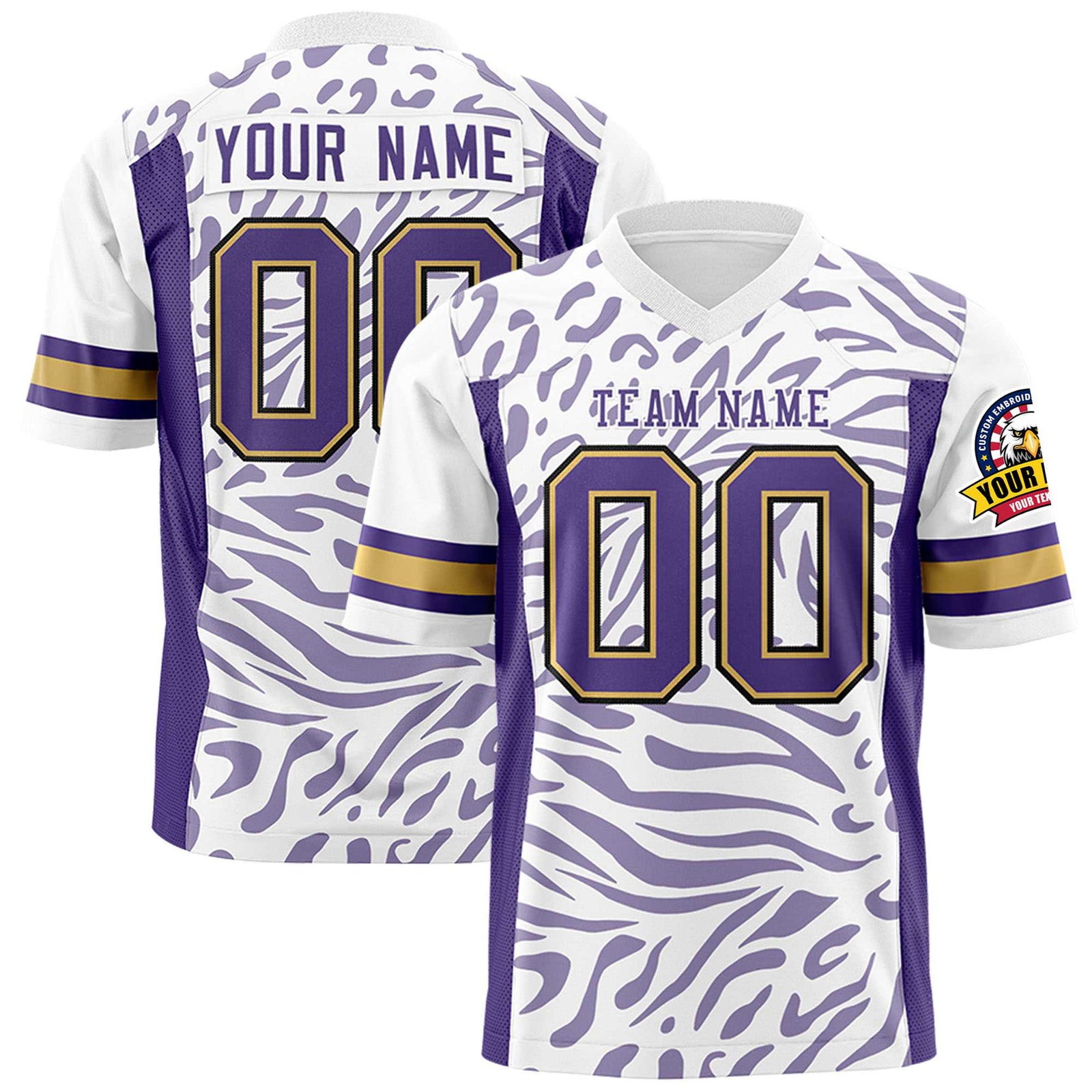 Custom White Purple-Old Gold Mesh Zebra Style Football Jersey