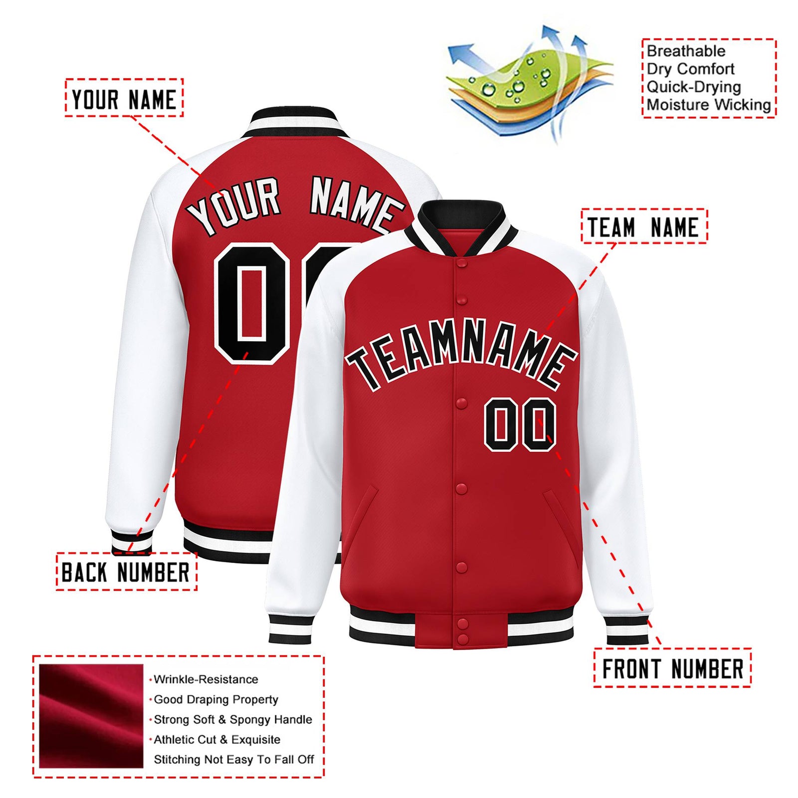 Custom Royal-Red Black-White Bomber Raglan Sleeves Varsity Letterman Jacket