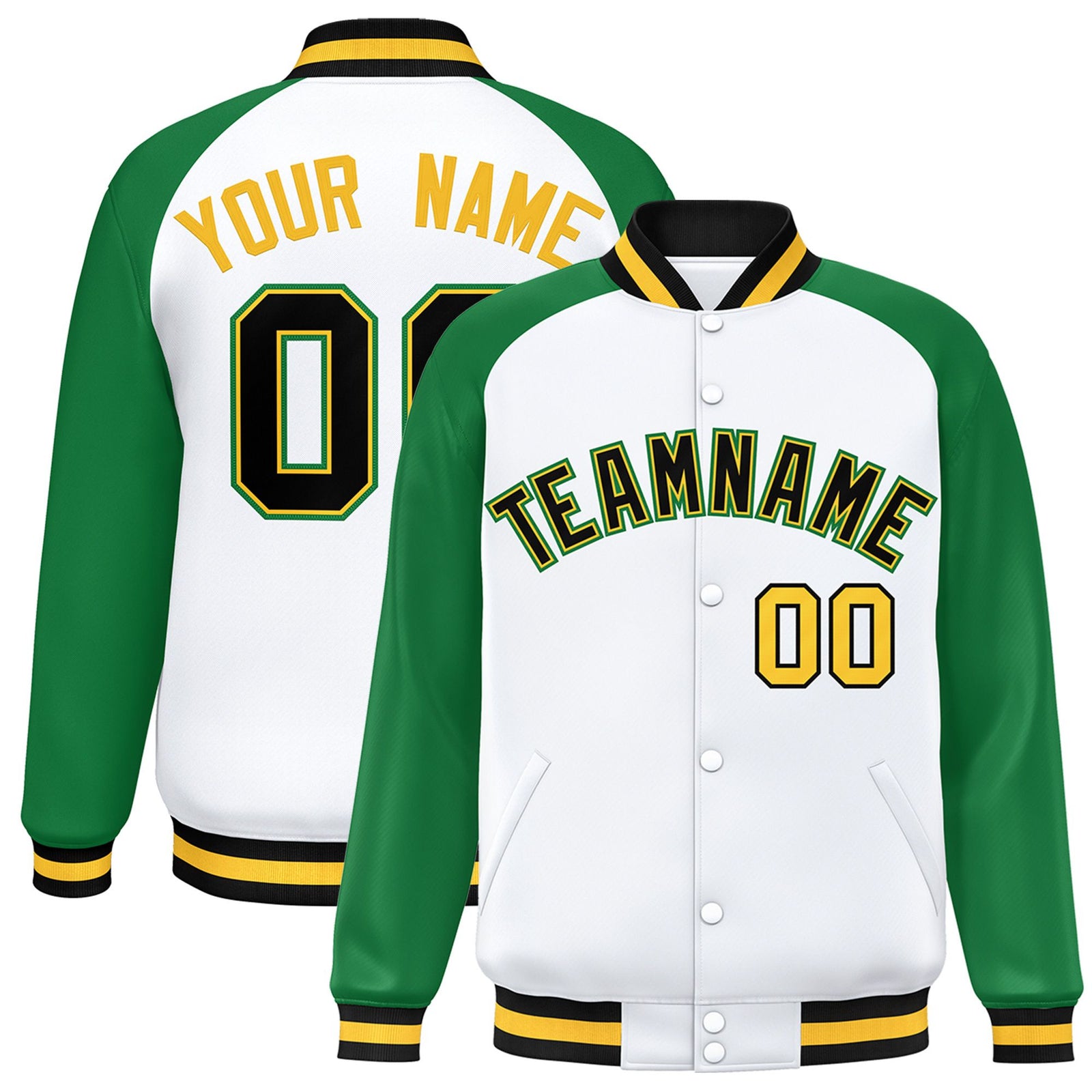 Custom White Neon-Green Black-Yellow Bomber Raglan Sleeves Varsity Letterman Jacket